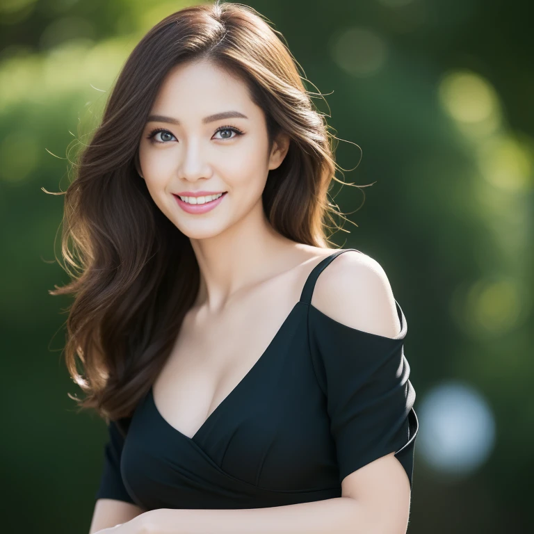 ((Angelina Sole)),((highest quality, 8K, masterpiece : 1.3)), sharp focus : 1.2, beautiful woman with perfect figure : 1.4, slim abs : 1.2, ((dark brown hair)), (Natural light, green : 1.1), Highly detailed face and skin texture, fine eyes, double eyelid、((professional makeup:1.3))、((sexy milf:1.3))、thick lips、lip gloss、eye make up、smile、hair blowing in the wind、black slim dress、