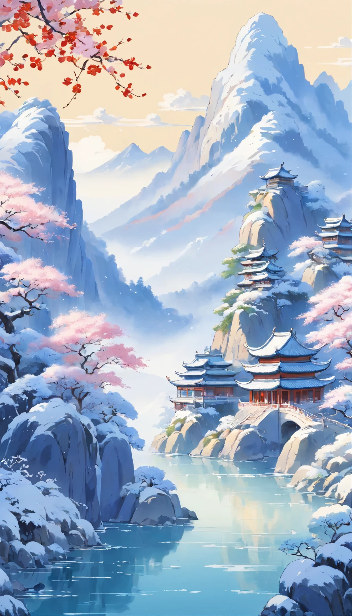 Winter Chinese traditional flower and leaf pattern, more snows, snow, blue and white porcelain, magnificent landscape painting, poster level, best quality,ultra-detailed,realistic,vivid colors,physically-based rendering,longevity landscape painting,traditional chinese painting style,delicate petals and leaves,detailed brushwork,crisp lines,exquisite porcelain texture,subtle shades of blue and white,elaborate composition,splendid mountains and rivers,intricate details in the foreground and background,chinese calligraphy,hidden symbols,tranquil atmosphere,serene beauty,harmonious color palette,classic elegance,soft and diffused lighting,refined craftsmanship,visual feast of traditional chinese art.