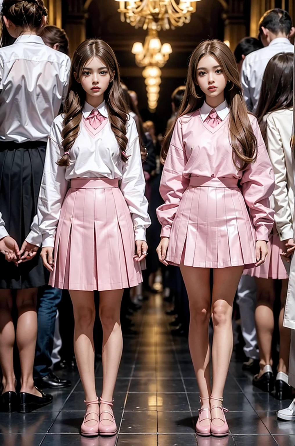 ((masterpiece, high resolution)), ((Thousands, crowd)), girls, group, clone, (( brown haired girls, blonde girls)), long hair, curls, Match hairstyle, different hair colors, confident, elegant, rich girls, emotionless, Put your arms by your sides, Back straight, (((Match your outfit, identical outfits, pink school uniform))), stand at attention, shoulder to shoulder, Same posture, sisters lined up neatly, many lines, human strike