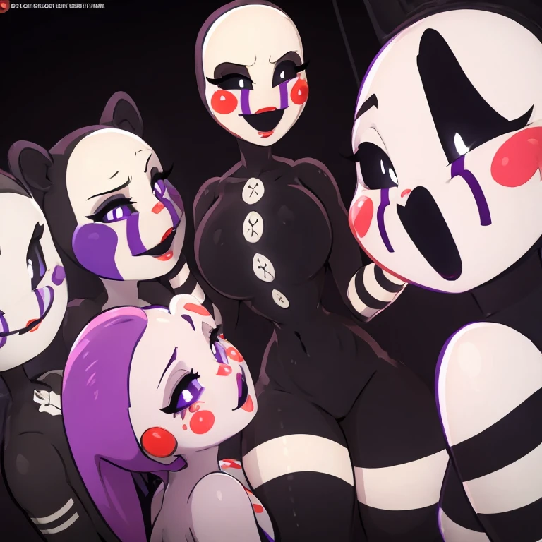 beautiful slender girl, black and white stockings, black eyes with white dots, monochrome black and white stockings on her hands, large breasts, black clothes, tight black latex, white hair, a lush ponytail on her head, purple tears, pink lips, pink cheeks, doll, puppet, puppet fnaf
