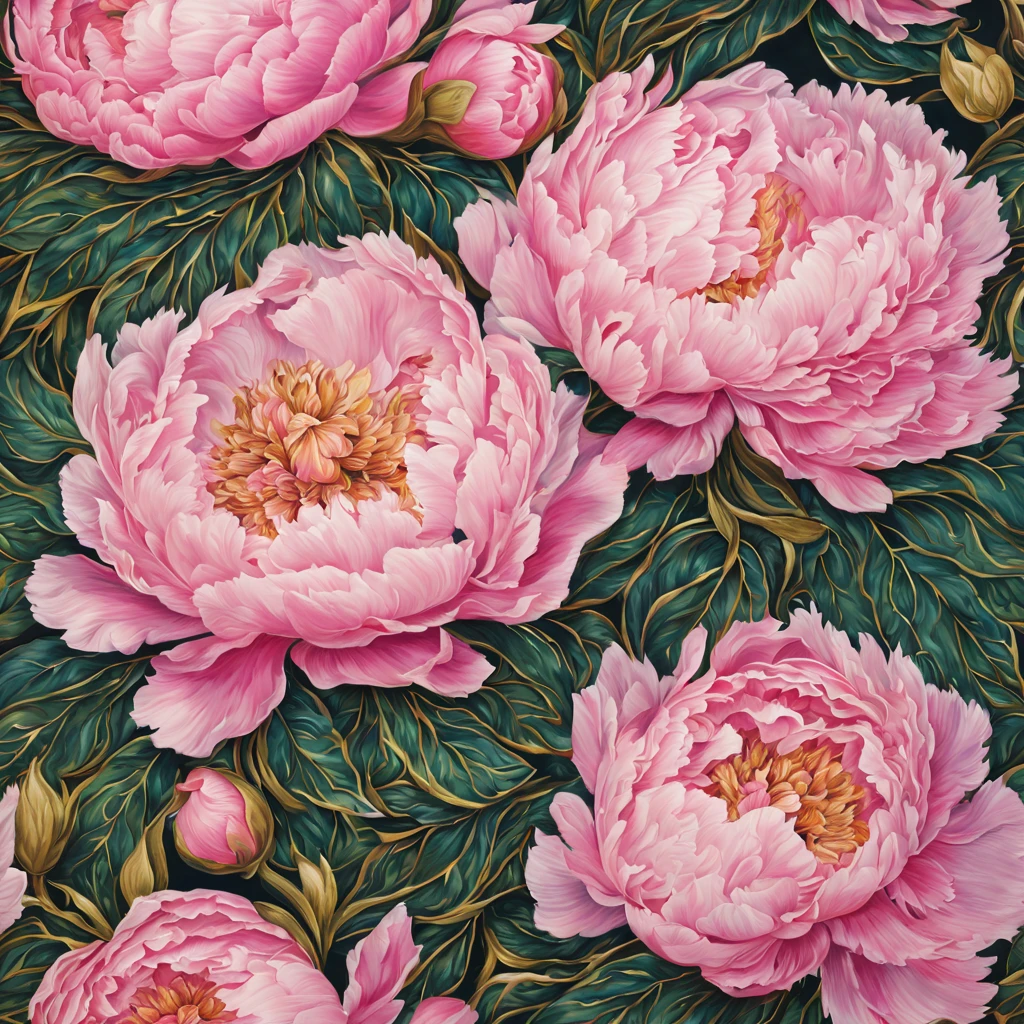 Beautiful pattern, lots of pink fluffy peonies, green leaves, gold threads, oil painting, gel pen drawing, filigree, glow, beautiful, hyper-detailing, hyper-realism, high resolution, depth of field, octane, lumen