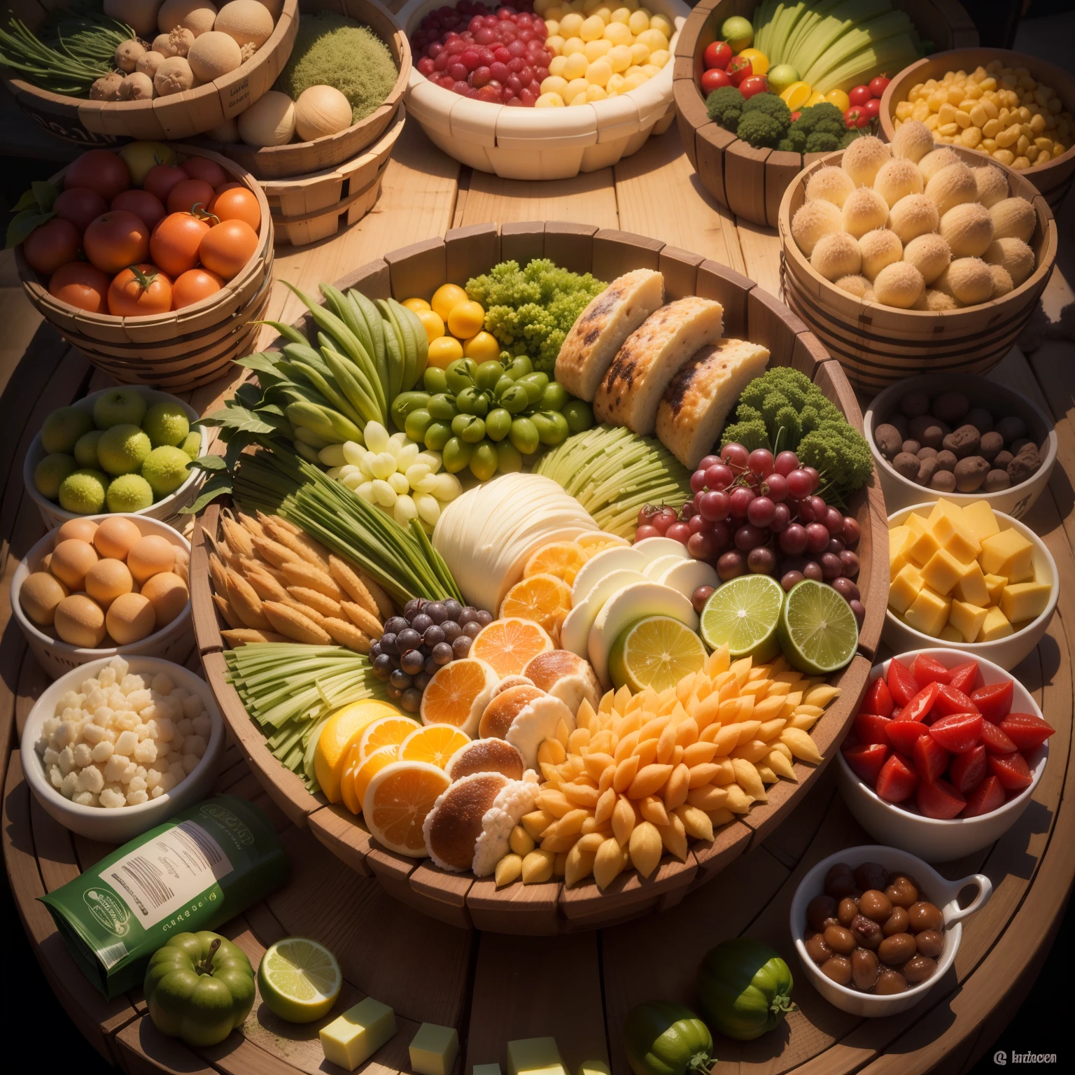 quero que crie um ambiente de mercado, with Brazilian basic food basket in the center of the image - present variation