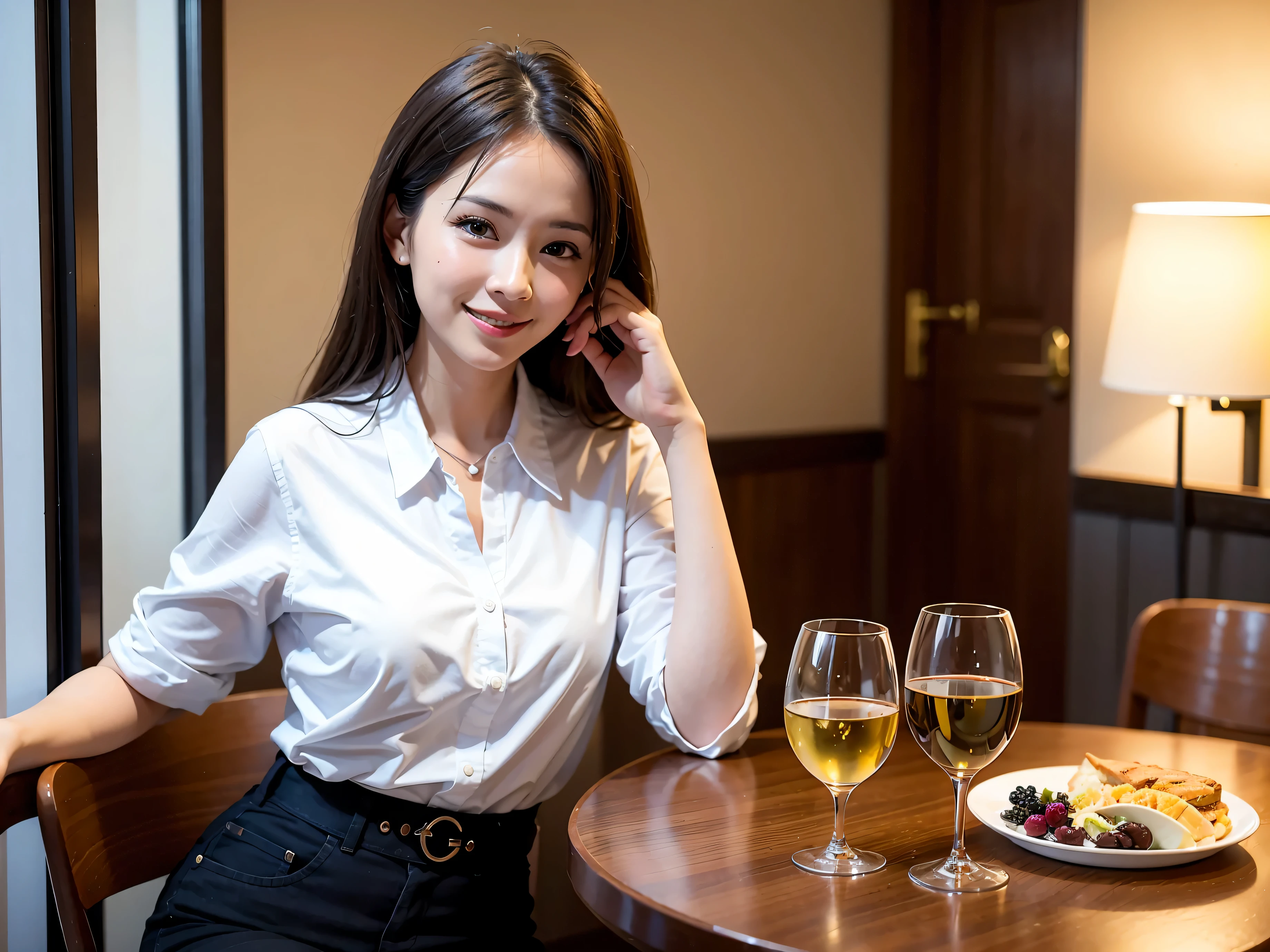 (64k included, nffsw, top quality, table top: 1.2), (realistic, realistic: 1.37), pretty woman 1, (slimフェイス), (slimボティ), (brown hair), (shortcut), Colombian、Brazilian、Japanese、Dutch、American、French、Spaniard、Italian、Indian、cheeks blush a little, (40 years old), 38 years old, alone, 窓の外には美しく緻密なnight景が広がります......., restaurant, wine glassに座って, nightに, in a prominent place (from the waist up) nova frog style, actress, model, waist up, White wine, slim, wine glass, とてもきれいなnight景, 真ん中に置かれたwine glass, smile, (smile: 1.15), beautiful and fine eyes, Upper body, bust japan up, night, short, short, actress, model, waist up, White wine, slim, wine glass, とてもきれいなnight景, 真ん中に置かれたwine glass, smile,