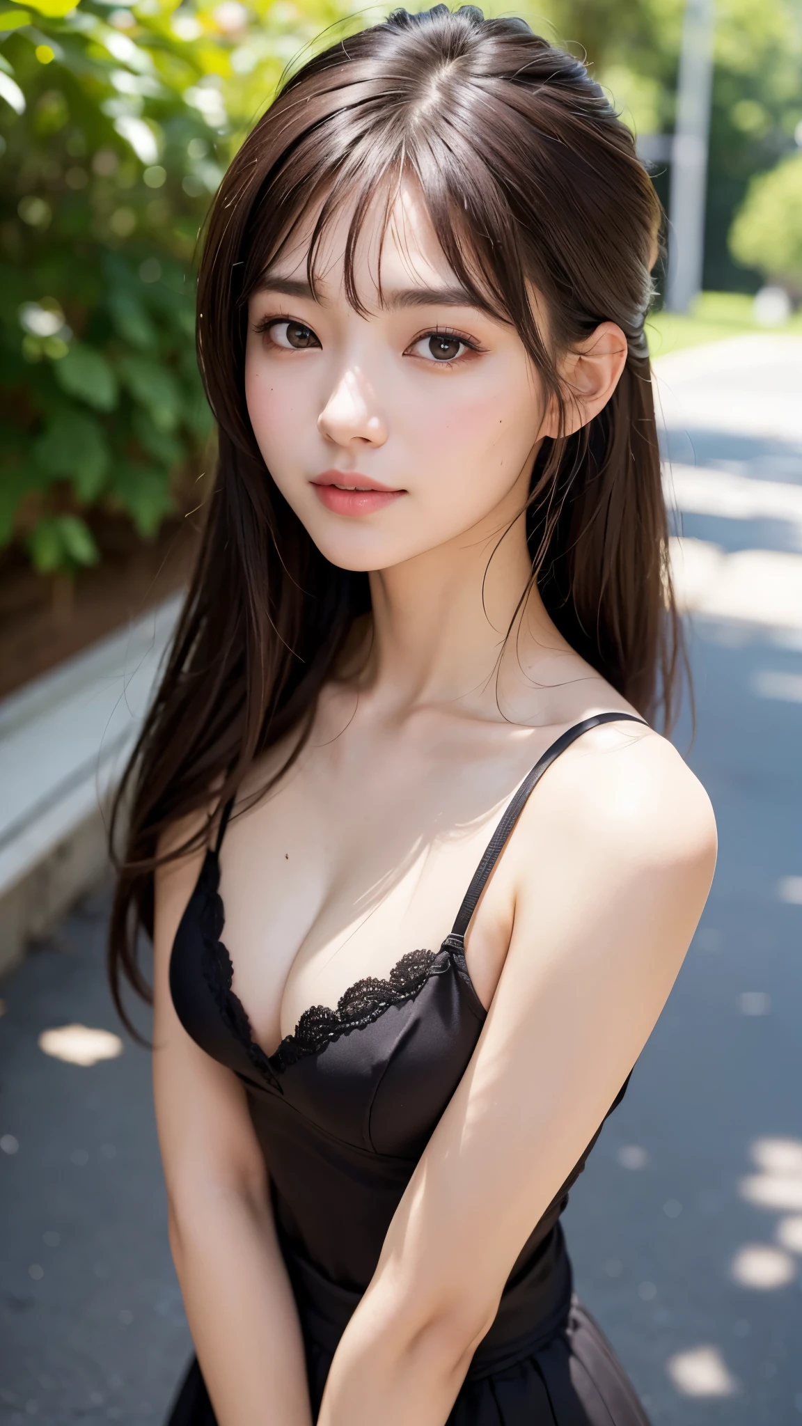 (8k, best quality, masterpiece: 1,2), (actual, lifelike: 1,37), best quality, masterpiece, beautiful girl, Smile, Hair tied into slight bangs, actual, SFW, Beautiful Japan Girl, ((best quality, 8k, masterpiece: 1.3)), sharp focus: 1.2, Beautiful woman with perfect style: 1.4, slim abs: 1.2, ((dark brown hair, big deal: 1.2)), (Natural light, arena: 1.1), Highly detailed facial and skin textures, delicate eyes, double eyelids, black hair, soft medium hair, Color tight sticky camisole, flare skirt, whole body, small face, 性感的Big breasts,Big breasts,big dealbreast,