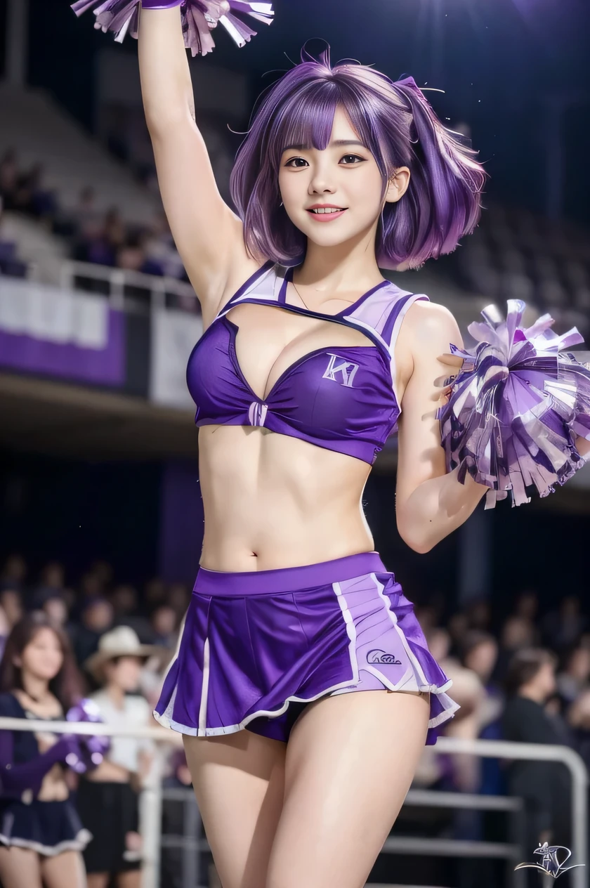(((highest quality、8K、realistic:1.4、masterpiece)))、Backlight、Woman with highly detailed facial texture、18-year-old、(((Purple Cheerleader:1.2)))、((stadium background:1.2))、with arms raised、beautiful makeup、laughter、open your mouth、short hairstyle with shiny purple hair,,,、cowboy shot。silver hair。short hair。split sleeves, bare shoulders, central opening, cleavage, central chest、gray hair。purple hair。panty shot。black panties