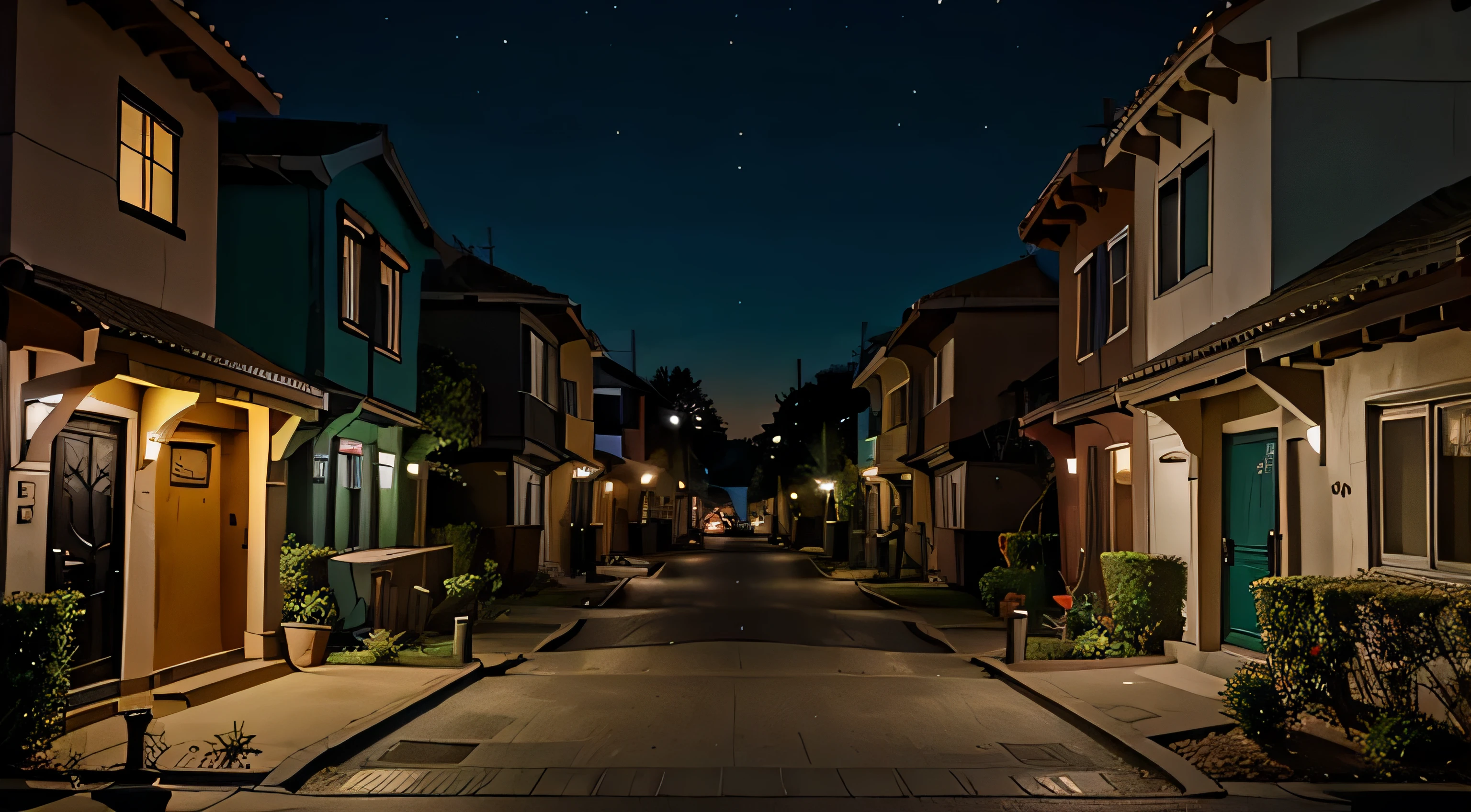 street near house, at night, cartoon style