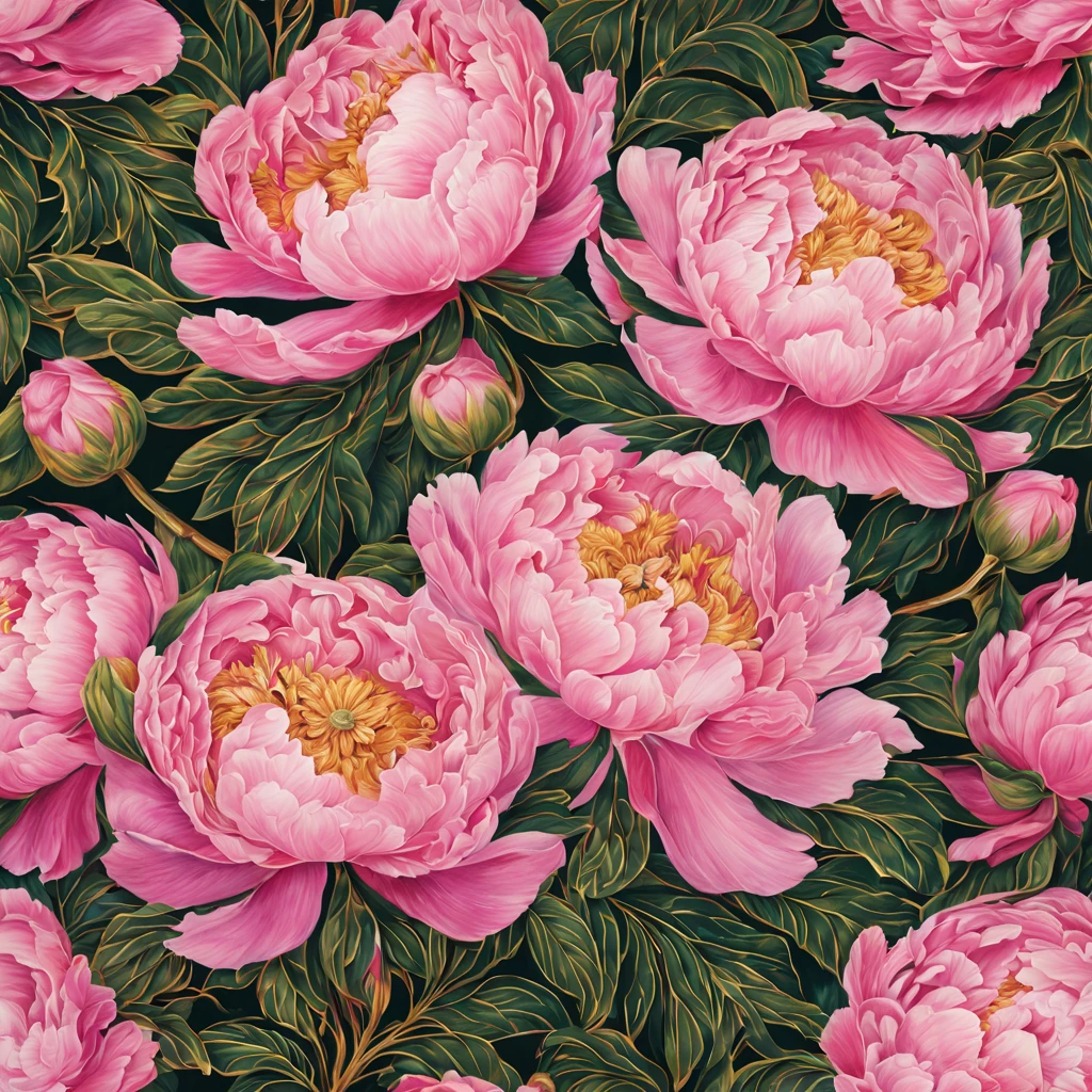 Beautiful pattern, lots of pink terry peonies, green leaves, gold threads, oil painting, gel pen drawing, filigree, glow, beautiful, hyper-detailing, hyper-realism, high resolution, oriental style, depth of field, octane, lumen, bright and juicy