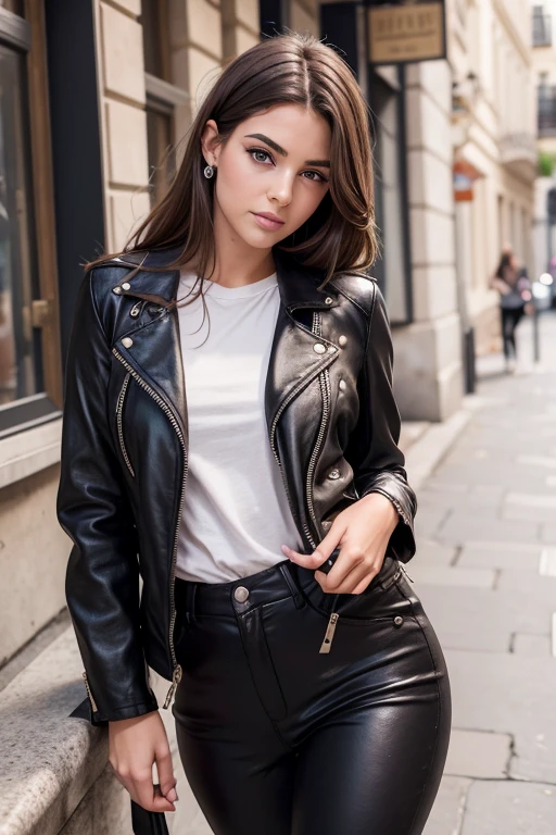 Belle fille, Marron_eyeeautiful mince adolescente de 18 ans, cheveux color [Brown highlights cheveux], [Pixie undercut] cheveux)), boucles d’oreilles, lèvres, Réaliste, taille étroite, charmant, pink lèvrestick, maquillage coloré, Cils longs, boucles d’oreilles, porter de l’eye-liner, peau claire, (mignon), (face détaillée), Yeux détaillés, Iris détaillé, corp magnifique, corps athlétique, abdominaux prononcés sur l&#39, pantalon moulan, veste cuir , sac LV, paris
