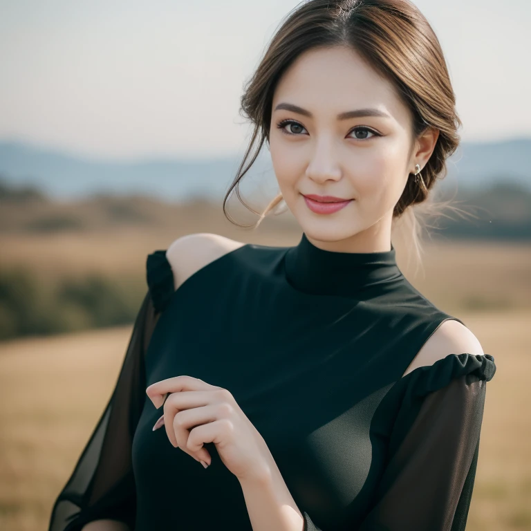 ((Angelina Sole)),((highest quality, 8K, masterpiece : 1.3)), sharp focus : 1.2, beautiful woman with perfect figure : 1.4, slim abs : 1.2, ((dark brown hair)), (Natural light, green : 1.1), Highly detailed face and skin texture, fine eyes, double eyelid、((professional makeup:1.3))、((sexy milf:1.3))、thick lips、lip gloss、eye make up、smile、hair blowing in the wind、black slim dress、