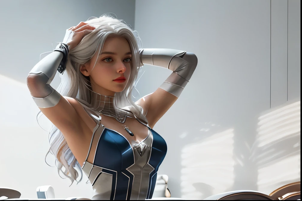(Extreme Detail CG Unity 8K wallpaper, masterpiece, highest quality), (Exquisite lighting and shadow, highly dramatic picture, Cinematic lens effect), a beautiful girl in a white Spider-Man costume, white lingerie, silver gray hair color, long hair, from the Spider-Man parallel universe, Wenger, Marvel, Spider-Man, on the restaurant, very beautiful face, dynamic pose), (excellent detail, excellent lighting, wide angle), (excellent rendego on restaurant, enough to stand out in its clasocus on white Spider-Man costumes, complex spider textures

