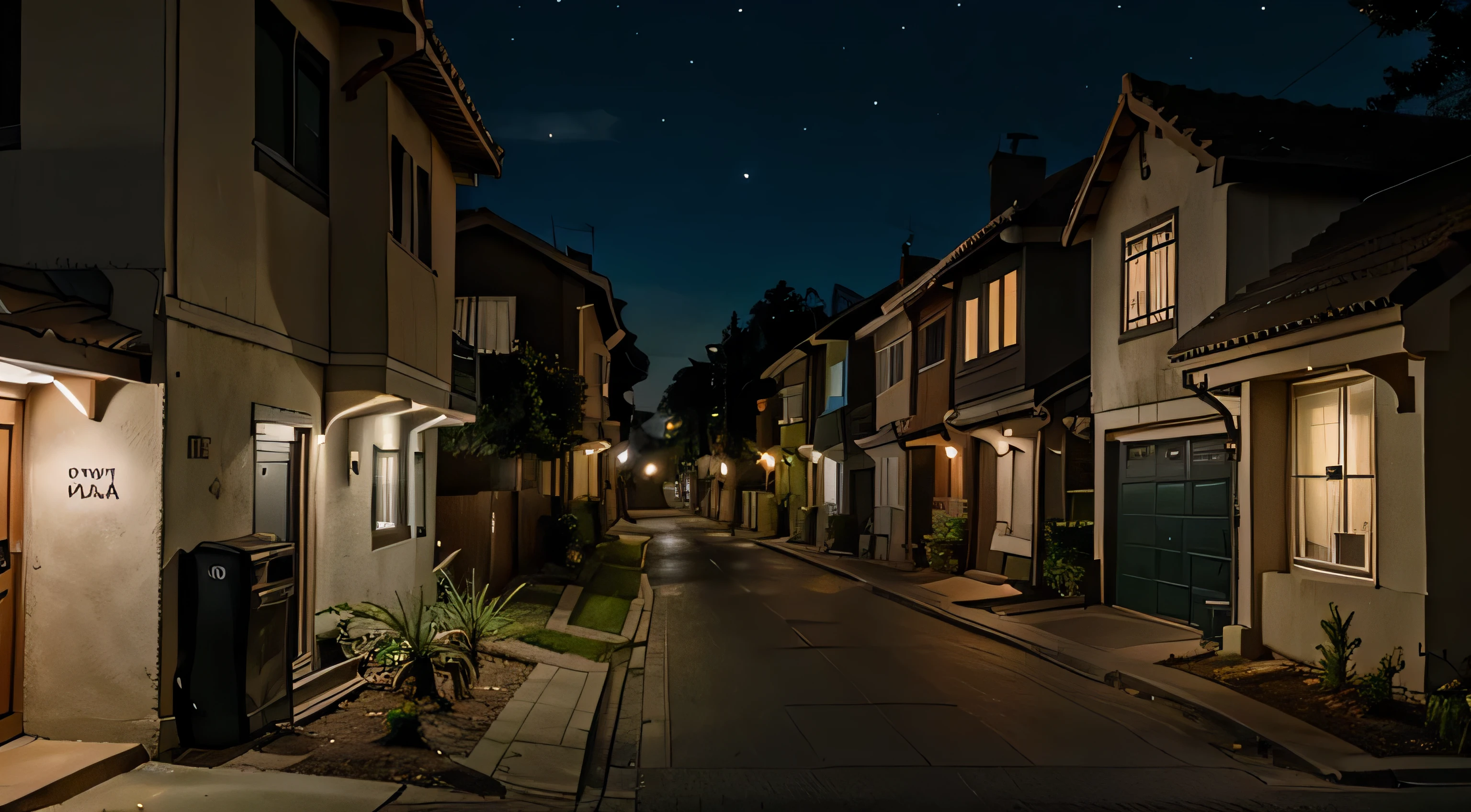 street near house, at night, cartoon style