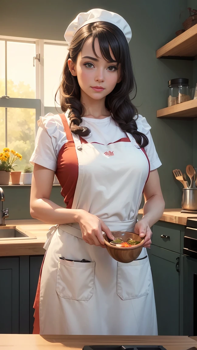 (best quality,4k,highres,ultra-detailed,realistic:1.37),A girl cooking in the kitchen,close-up shot of a man behind her,comic style,illustration,kitchenware,wooden spoon,apron,delicious meals,fragrant aroma,fresh ingredients,creative recipes,vibrant colors,soft lighting,playful atmosphere,natural lighting,artistic composition