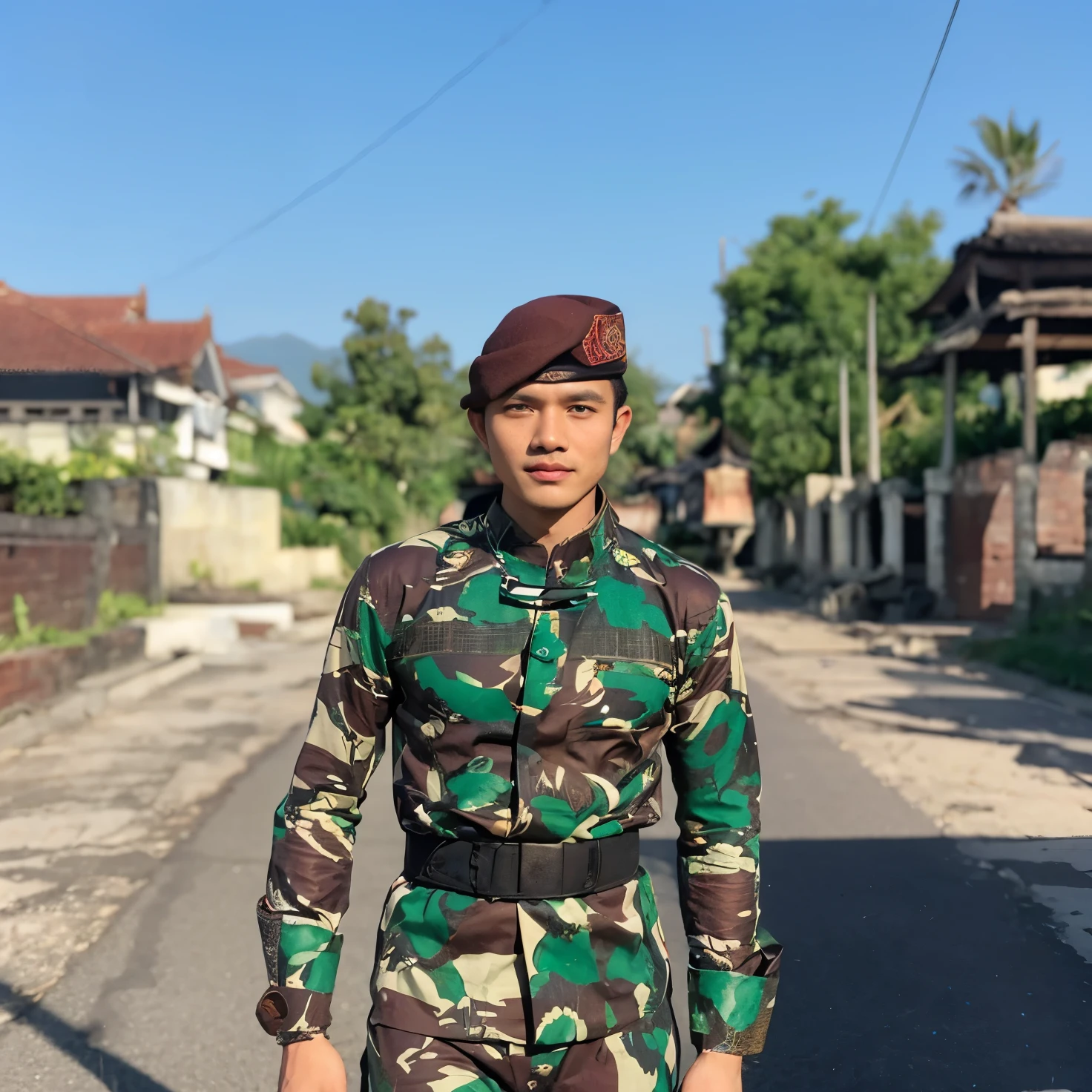 Handsome teenage Thai guy military soldier wearing a underwear standing in the centre of military camp