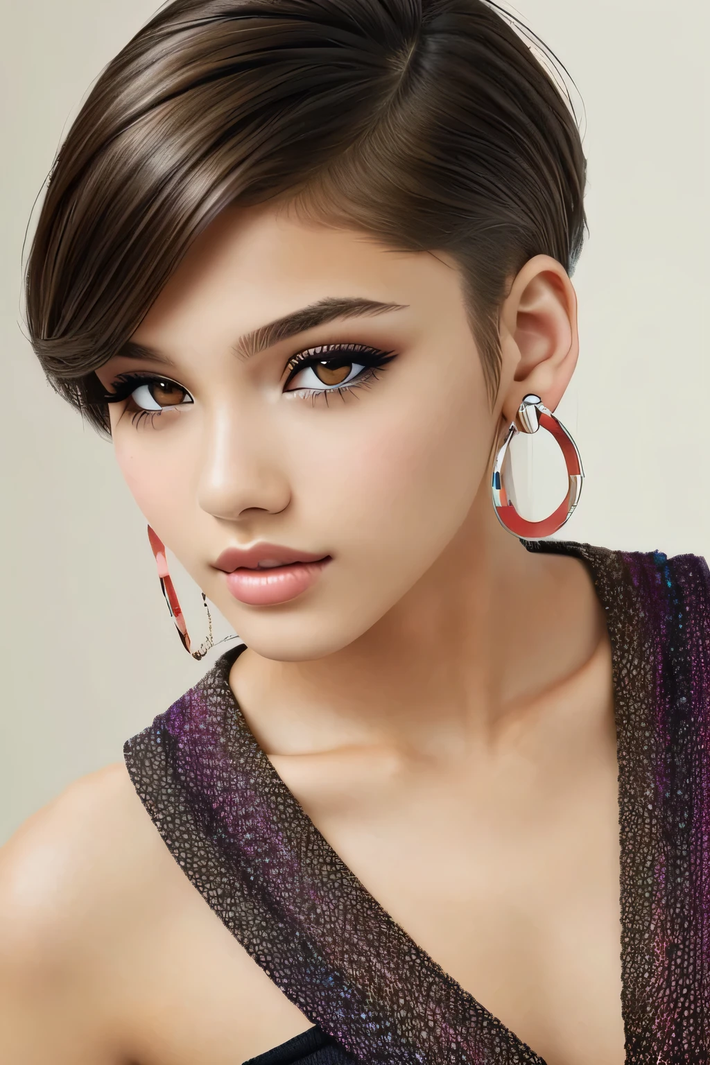 beautiful girl, Brown_eye, ((Beautiful slim teenage girl 18 years old, hair color [Brown highlights hair], [undercut pixie] hair)), earrings, lips, realistic, tight waist, Charm, pink lipstick, colorful makeup, long eyelashes, earrings, wear eyeliner, Fair skin, (cute), (detailed face), detailed eye, detailed iris