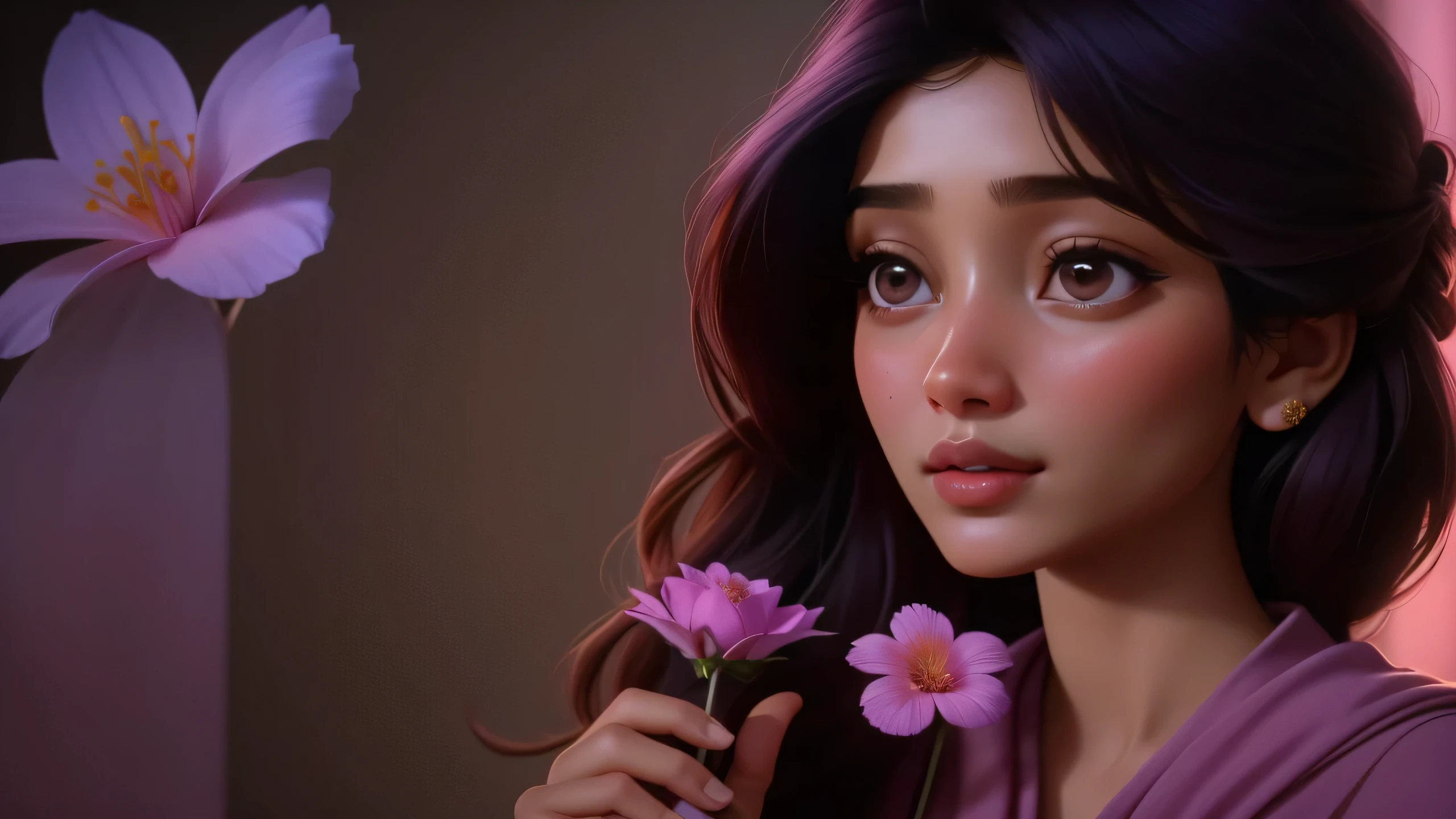 there is a woman that is holding a flower in her hand, her face is a mauve flower, soft portrait shot 8 k, mahira khan as a mage, pretty face!!, wonderful scene, youtube video screenshot, beautiful, the most beautiful scene, a still of an ethereal, freida pinto, still from a terence malik film, !!beautiful!!