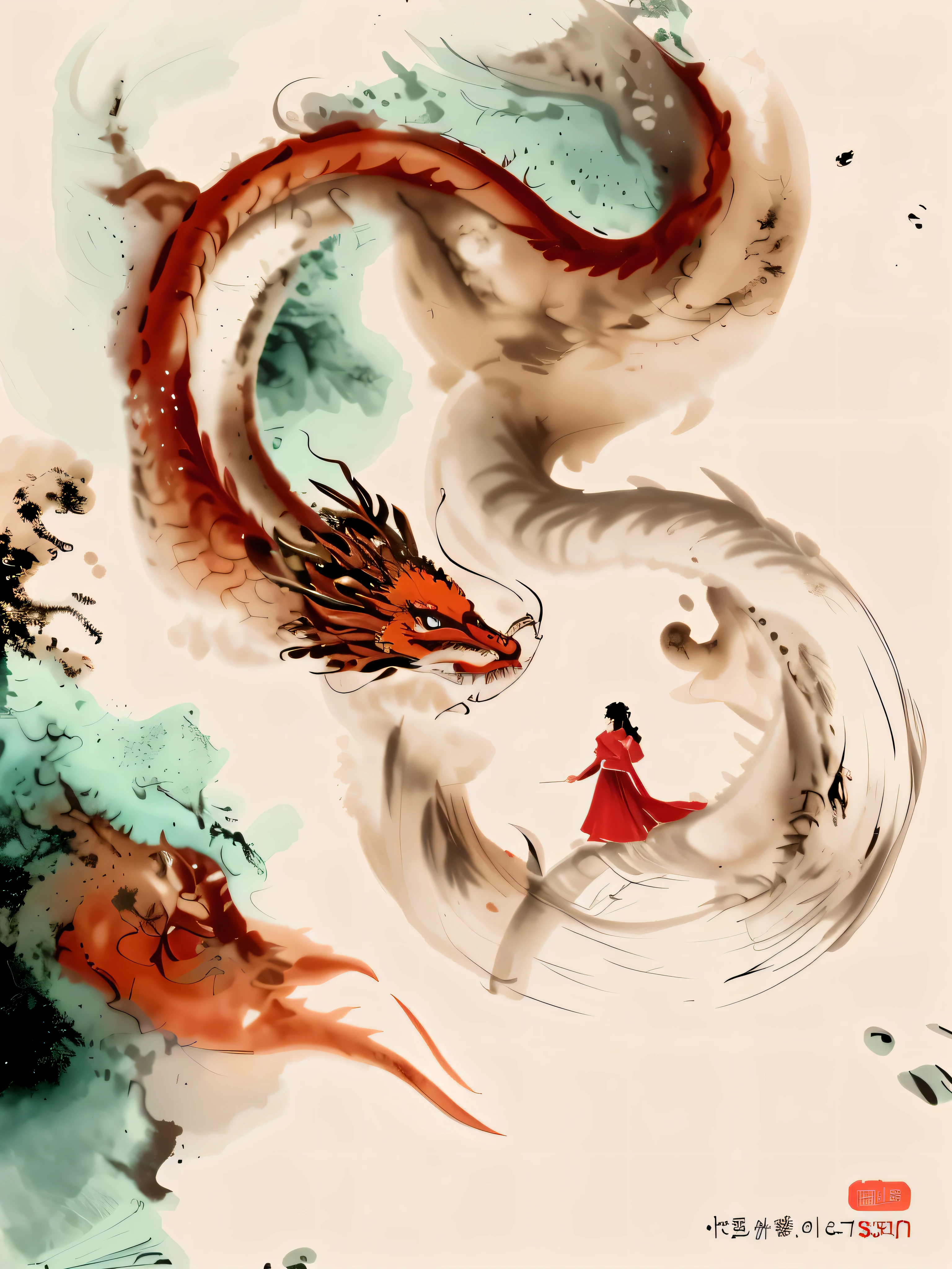 Woman in red and dragon in water, water wave background,Rich content,many details,water ripples,HD。Chinese fantasy, Chinese dragon concept art, People with dragon souls, water dragon, stunning fantasy art, Chinese mythology, Queen of the Sea Mu Yanling, sea serpent, dragon art, Inspired by Zhu Derun, cyan chinese dragon fantasy, Asian female water element