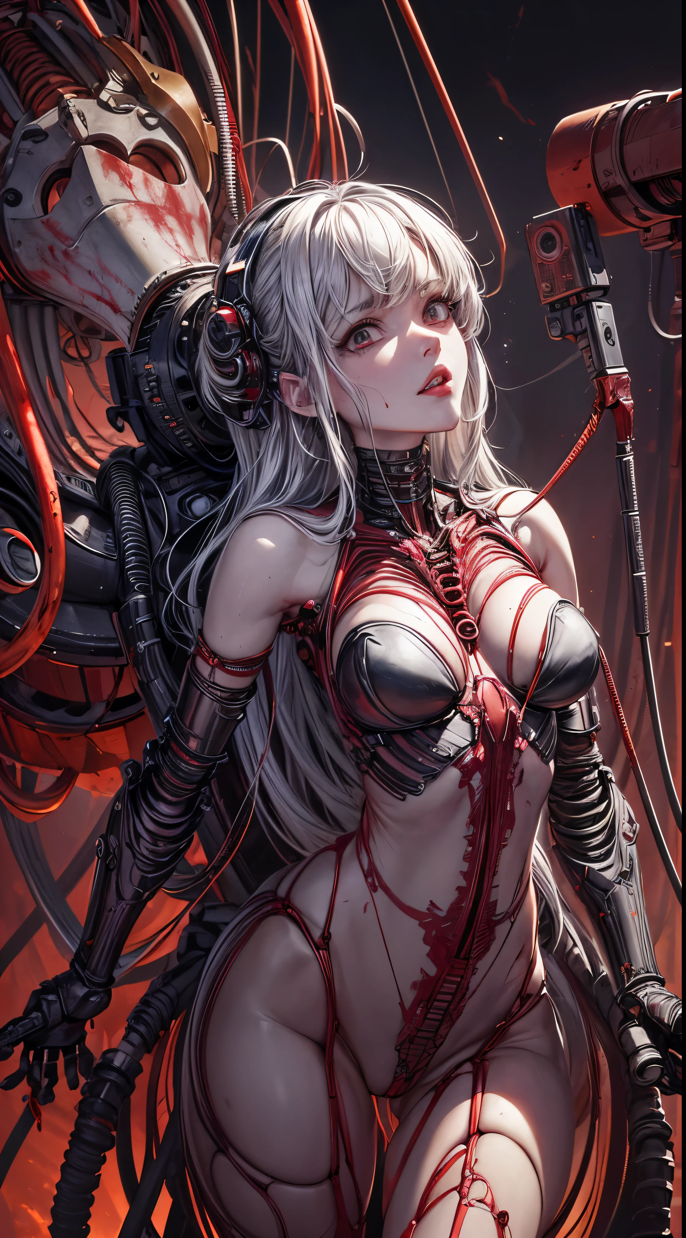 (((masterpiece))), ((highest quality)), (Super detailed), (CG illustration), (so evil and beautiful)), cinematic light, ((1 Mechanical Girl)), single, (Mechanical Art: 1.4), ((mechanical limbs)), (Blood vessel attached to a tube), ((mechanical spine attached to the back)), ((Mechanical cervical vertebrae attached to the neck), (Back to the viewer)), Expressionless, ( Wires and cables attached to head and body: 1.5), SF, Apocalypse, Remains, (Lower body integrated with mechanical equipment), (Blood: 1.5), cruelty, confused, erotic rotesque, Fusion with machinery, Doomsday Time, Super Future, Inorganic, Research room, restraint, (beautiful luxury: 1.2), (1 girl: 1.3)