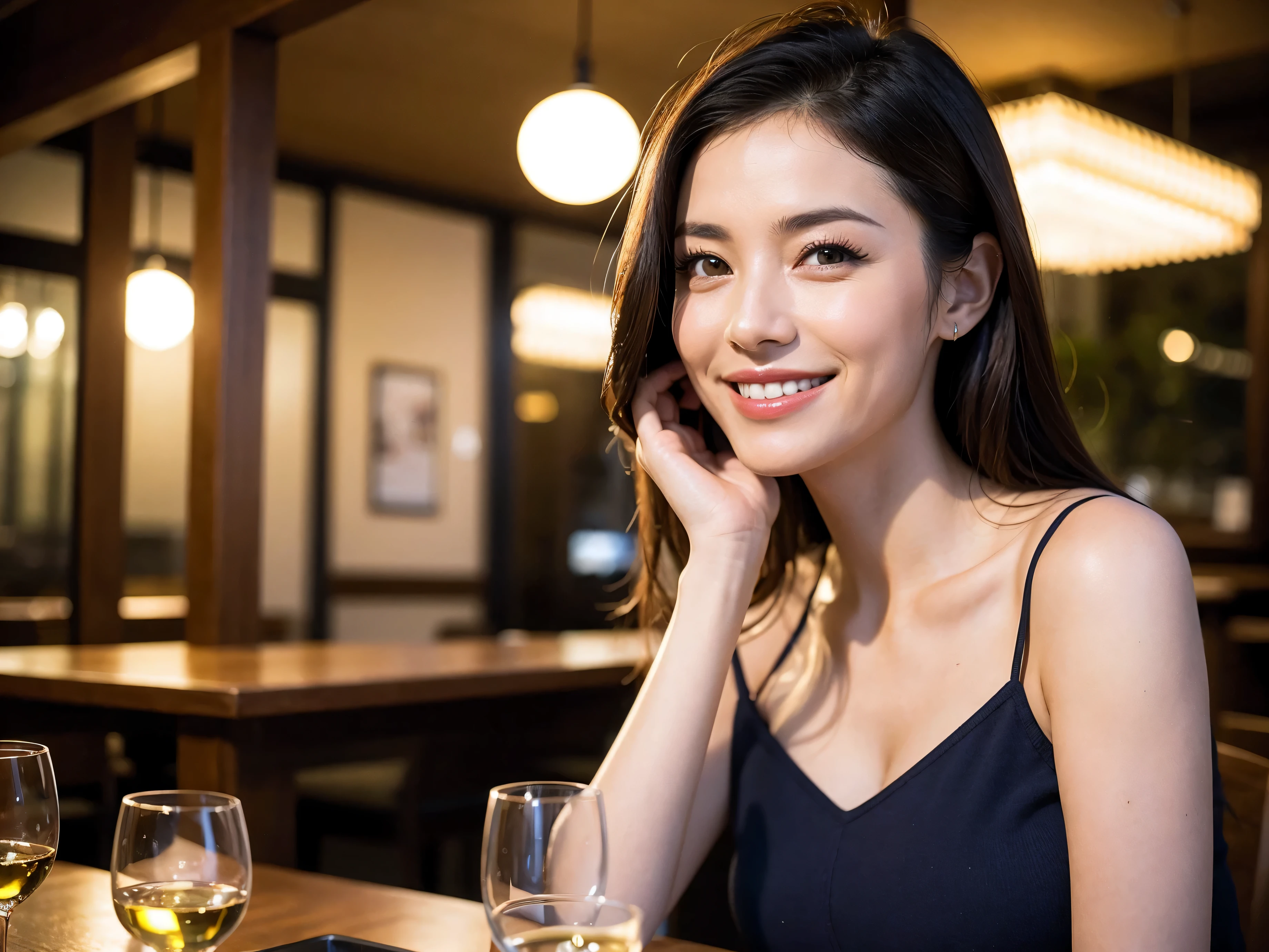 (64K, UHD, top quality, masterpiece: 1.2), (realistic, photorealistic: 1.37), super detailed, pretty woman 1 person, (slim face), (slim body), (brown hair), (short cut), cheeks slightly blushing, (44 years old), 38 years old, solo, beautiful detailed urban night view outside the window, restaurant, wine glasses sit, at night, in a prominent placeNovaFrogStyle, Actress, Model, Waist Up, White Wine, Slim, Wine Glass, Super Clean Night View, Wine Glass Put in the Middle, Happy Smile, (Smile: 1.15), Beautiful Fine Eyes, Upper Body, Bust Japan Up, Night, Short, Short, Actress, Model, Waist Up, White Wine, Slim, Wine Glass, Super Clean Night View, Wine Glass Put in the Middle, Happy Smile,