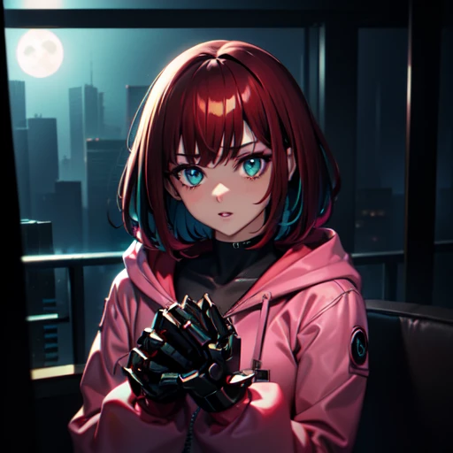 (cyberpunk\), 1girl, colored tips, full moon, teal eyes, hoodie, long sleeves, looking at viewer, short hair, multicolored hair, parted lips, brown hair with red tips, hair down, portrait, red eyeliner, solo, pink jacket, cyberpunk \(series\), rainy night in a cyberpunk city with glowing neon lights, cybernetic arms, mechanical robot hands, cyberware,