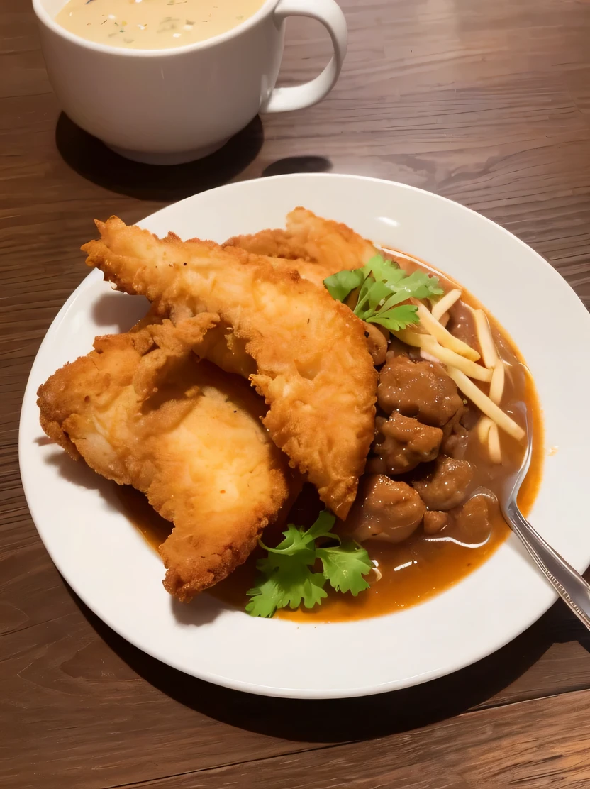 ((masterpiece、highest quality、genuine、Super detailed、High resolution、photogenuineistic、sharp focus))、((there are no humans))、high contrast、high color saturation、Pay attention to the thick-boned fried chicken、mug with soup、beautiful wooden plate、plate of fries、Hamburger plate、Wooden wall background、blurred background