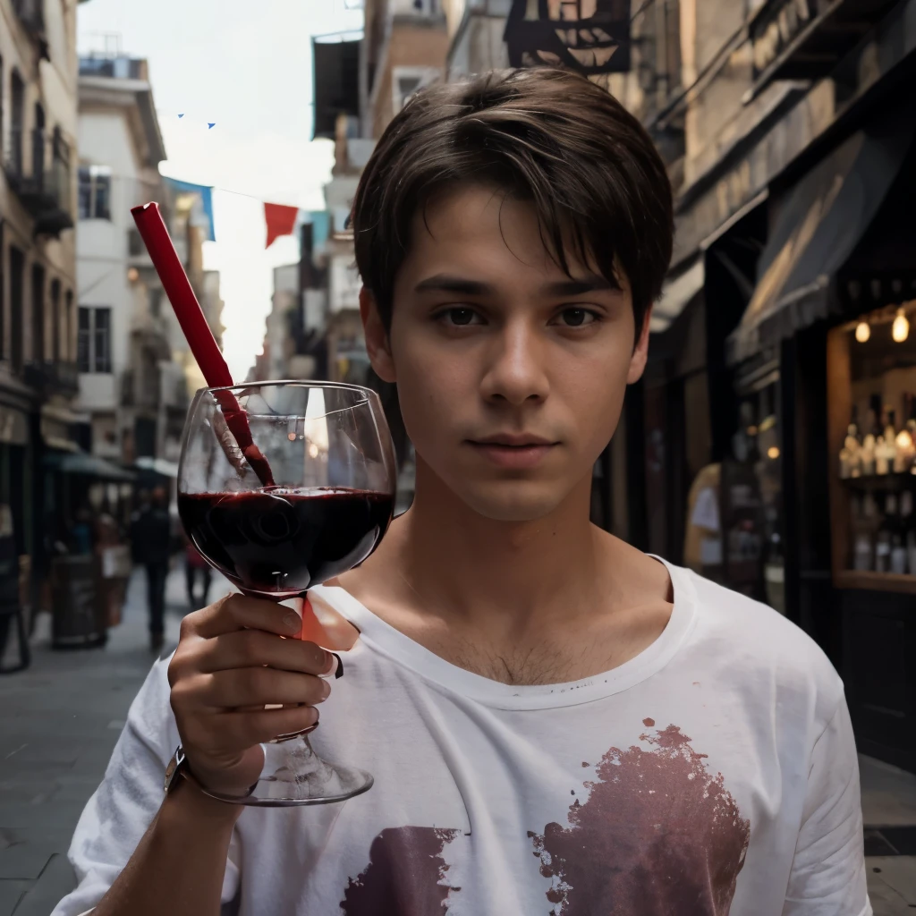 ((best quality)), ((masterpiece)), (detailed), perfect faceboy with a car drink red wine street futuris tic background realistic
