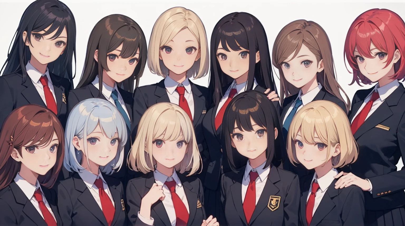 Masterpiece、top quality、detail、high resolution、extremely delicate and beautiful、simple background、Upper body close-up、Beautiful udder、high school、suit、Uniforms、school uniform、Smile、Multiple women、5 women、4 females、7 Women、self-shot、photo booth、winter clothes