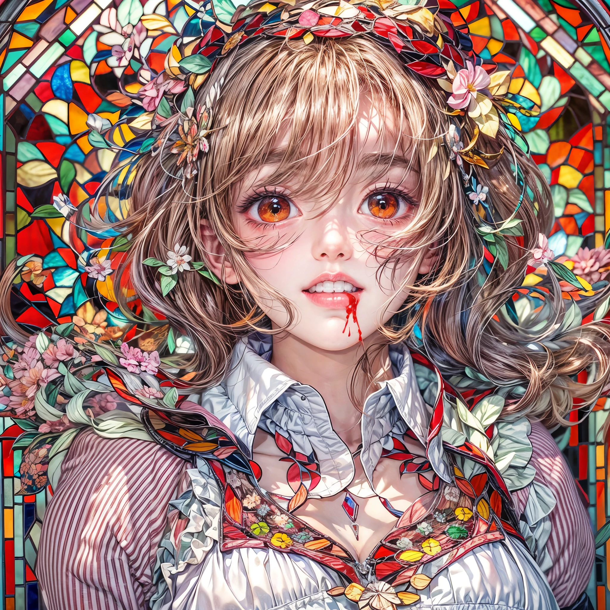 NSFW:-0.8. White and Red, (A Dazzling multi-colored light pours down:1.2), (physically-based rendering with ultra-detailed, (masutepiece:1.2) of professional photograpy, ( realistic and (photorealistic:1.37) with touch of rawness), Acutance:0.8) . ((A group photograph of KAWAII girls in school uniform)) with opened Overflowing Gigantic Cleavage without bra . (((extremely detailed KAWAII face variations)) with joyful expressions), { Navel | pretty Ass | (Overflowing underboob) | White panties with (blood seeping only in crotch area) | (full of Flowers covering girl's body) | ((Dazzling colorful stained glass with stunning elaborate details:1.2)) | A Dazzling Halo (Floating) } . (Exposed:0.95), (((nipple:-0.9))), (not Detailed fingers:-0.9) .