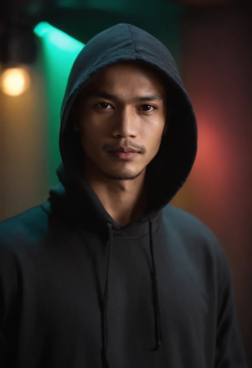 An cinematic image of a mysterious, creepy, Malay man that looked shrouded in mysteries wearing a cap and black hoodie on the hall, neon background, f1.8