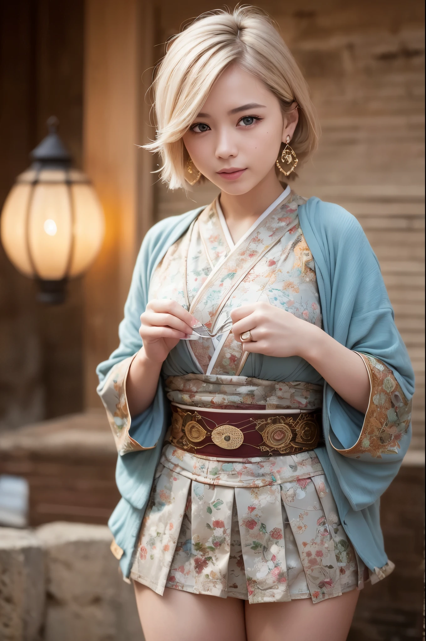 1 girl, whole body:1.2, perfect anatomy, very detailed顔と目,, (blue eyes), gray hair:1.7,smile:0.3, 28 years old, muscular:1.5, (earrings,good:1.5, white mini skirt), blurred background, ( 8K students, photorealism:1.5, masterpiece, heightens, at night, midnight, dark, rtx, realistic照明, photo taken in ancient japan, very detailed流れる髪, realistic hair, realistic shadow, disorganized, very detailed, 4K, (green eyes), (beautiful girl: 1.4), (masterpiece),ultra detail, (highest quality), (ultra high resolution), (masterpiece), realistic:1.3, smile, balanced pupil, symmetical pupil and iris,Chromatic_aberration:0.8, dynamic_color_range, lens_Twist:0.7, Holding lanterns,delicate hands, Japanese