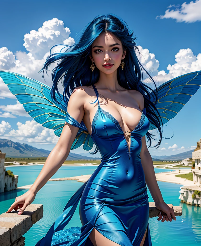 masterpiece, Best Quality, Illustration, Ultra-detailed, finely detail, high resolution, 8K Wallpaper, Perfect dynamic composition, beautiful tall, slim, thin, woman with elaborate fairy wings, big blue, intricate, realistic eyes, big red lips, realistic detailed face and skin, eyeliner, eyeshadow, layered, big shoulder length blue hair, floating hair, messy hair, hair framing face, mischievous smile, dress, full body, Pamukkale background, blue sky, full body shot