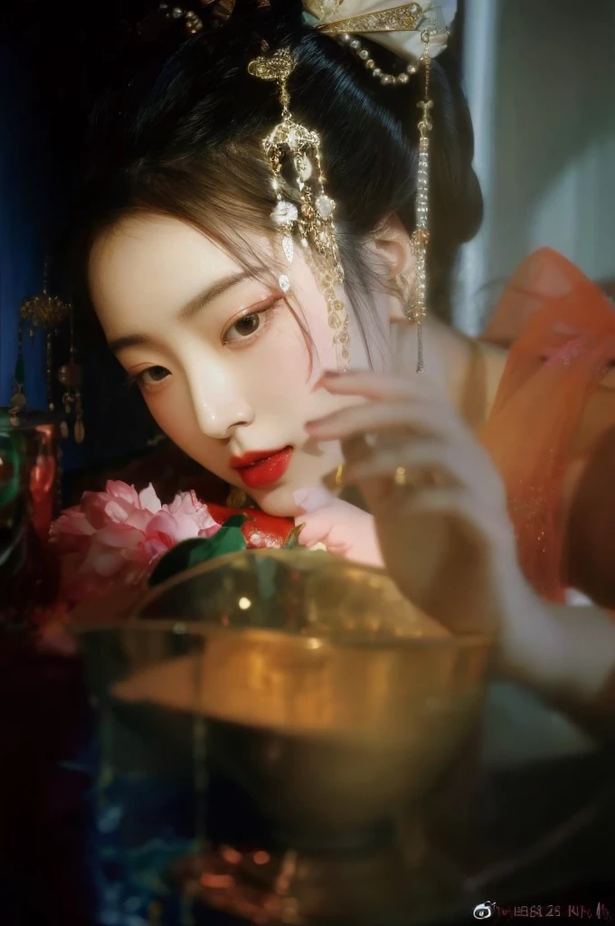 arafed woman in oriental dress holding a bowl of food, sha xi, jingna zhang, inspired by Zhang Shuqi, inspired by Wang Meng, inspired by Huang Ji, inspired by Wu Bin, lu ji, xue han, inspired by Zhang Yan, inspired by Lü Ji, wu liu, lulu chen, mingchen shen, inspired by Qiu Ying, irene from red velvet, red velvet irene, irene, bae joo hyun
