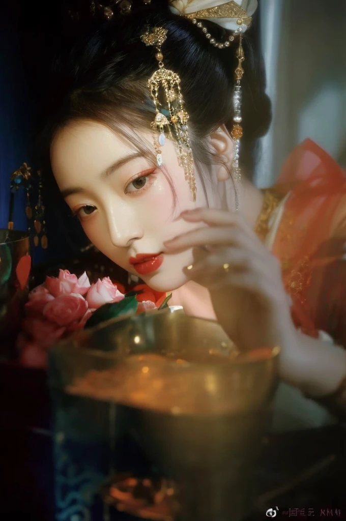 arafed woman in oriental dress holding a bowl of food, sha xi, jingna zhang, inspired by Zhang Shuqi, inspired by Wang Meng, inspired by Huang Ji, inspired by Wu Bin, lu ji, xue han, inspired by Zhang Yan, inspired by Lü Ji, wu liu, lulu chen, mingchen shen, inspired by Qiu Ying, irene from red velvet, red velvet irene, irene, bae joo hyun