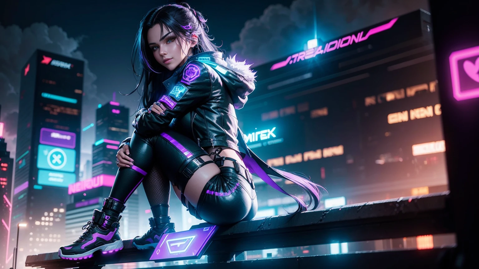 A portrait in a cyberpunk city running along the Mirrors Edge, neon tokyo, landscape with a young beautiful mature female Lady Moonlight with Long and black hair, silver eyes, Caucasian traits, wearing a black and purple cybernetic full body peacoat with shorts and shoes, Vigilante, hacker vibe, netrunner, badass, running, with a cocky smile, smirk, holding a cyber neon Holographic Heart, 4K, 3d Octane render, cinematic lighting, Dynamic, Ray Tracing, bloom, 50mm.