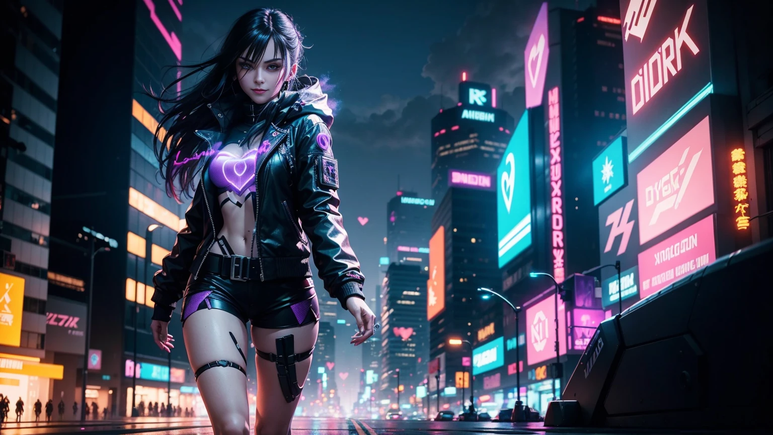 A portrait in a cyberpunk city running along the Mirrors Edge, neon tokyo, landscape with a young beautiful mature female Lady Moonlight with Long and black hair, silver eyes, Caucasian traits, wearing a black and purple cybernetic full body peacoat with shorts and shoes, Vigilante, hacker vibe, netrunner, badass, running, with a cocky smile, smirk, holding a cyber neon Holographic Heart, 4K, 3d Octane render, cinematic lighting, Dynamic, Ray Tracing, bloom, 50mm.