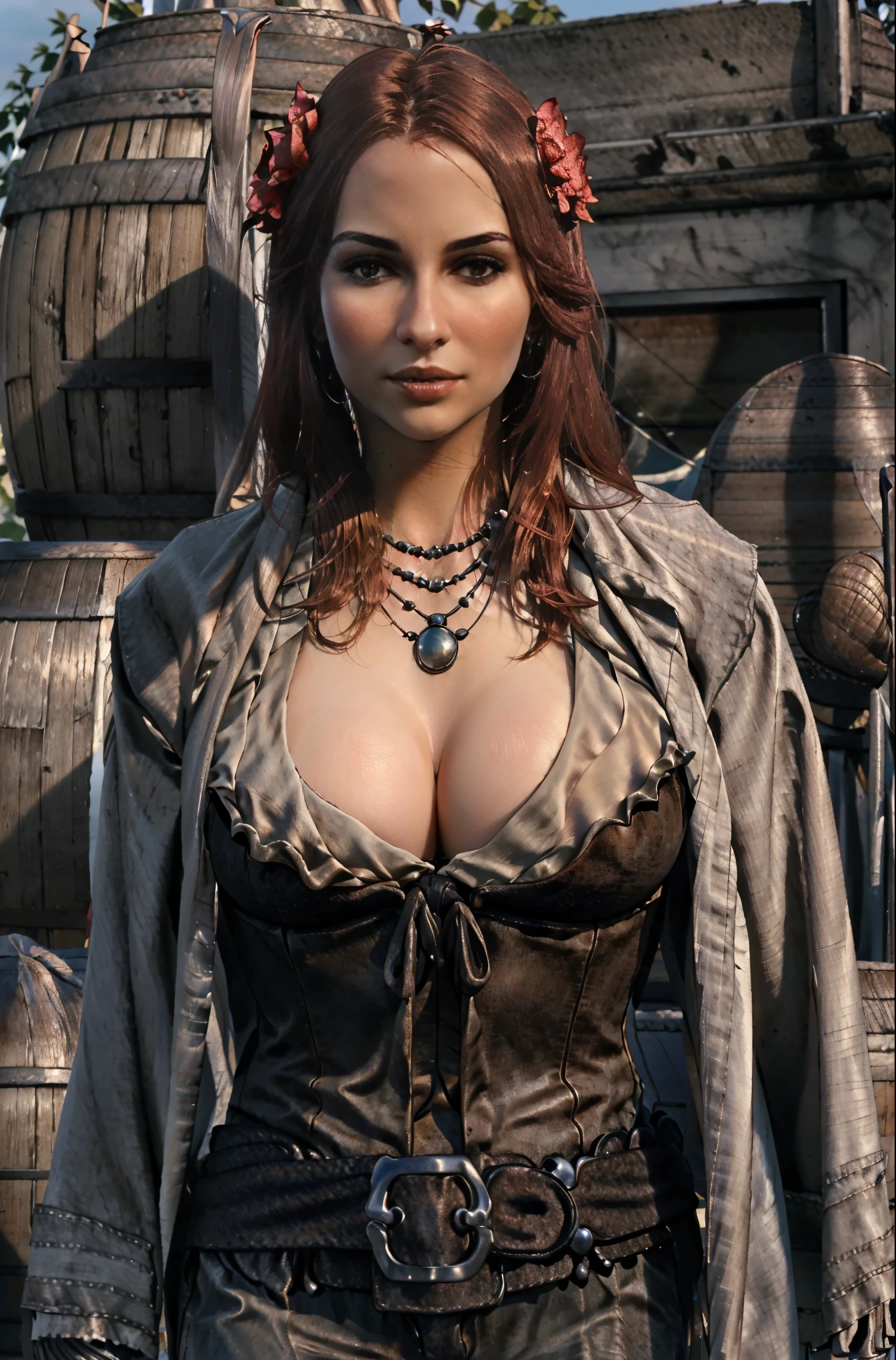 (masterpiece, best quality:1.3)
AssaBlackFlagBonny,  1girl, solo, long hair, breasts, large breasts, hair ornament, gloves, cleavage, jewelry, weapon, flower, red hair, belt, sword, hair flower, necklace, lips, corset, realistic, pirate, barrel