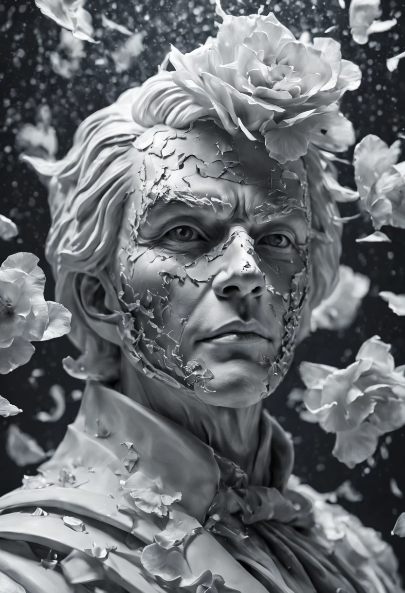 close-up, Ebenezer Scrooge, ghost of the past, ghost of the present and ghost of the future. In a surreal monochrome world, a mysterious figure wearing a porcelain mask stands among a swirling storm of broken mirrors and floating petals., hyper-detailed, sharp focus, studio photo, intricate detail, high detail, trends on artstation, sharp focus, studio photo, intricate details, high detail, Style by Nikas Safronov, Henry Asencio,