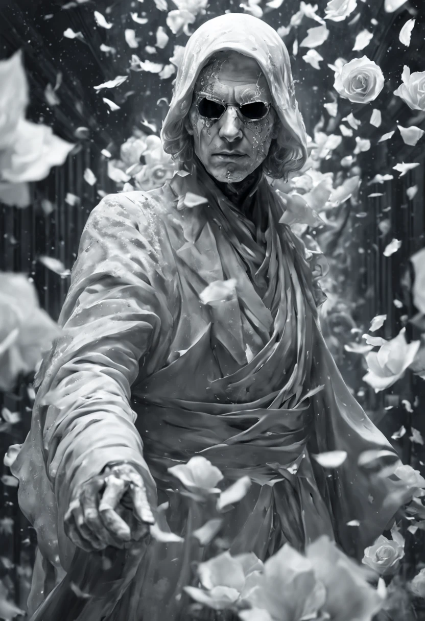 close-up, Ebenezer Scrooge, ghost of the past, ghost of the present and ghost of the future. In a surreal monochrome world, a mysterious figure wearing a porcelain mask stands among a swirling storm of broken mirrors and floating petals., hyper-detailed, sharp focus, studio photo, intricate detail, high detail, trends on artstation, sharp focus, studio photo, intricate details, high detail, Style by Nikas Safronov, Henry Asencio,