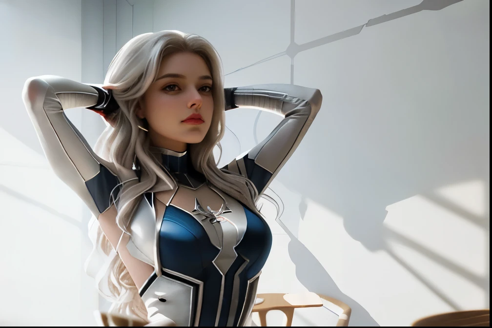 (Extreme Detail CG Unity 8K wallpaper, masterpiece, highest quality), (Exquisite lighting and shadow, highly dramatic picture, Cinematic lens effect), a beautiful girl in a white Spider-Man costume, white lingerie, silver gray hair color, long hair, from the Spider-Man parallel universe, Wenger, Marvel, Spider-Man, on the restaurant, very beautiful face, dynamic pose), (excellent detail, excellent lighting, wide angle), (excellent rendego on restaurant, enough to stand out in its clasocus on white Spider-Man costumes, complex spider textures