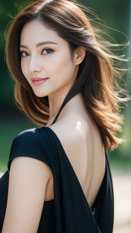 ((Angelina Sole)),((highest quality, 8K, masterpiece : 1.3)), sharp focus : 1.2, beautiful woman with perfect figure : 1.4, slim abs : 1.2, ((dark brown hair)), (Natural light, green : 1.1), Highly detailed face and skin texture, fine eyes, double eyelid、((professional makeup:1.3))、((sexy milf:1.3))、thick lips、lip gloss、eye make up、smile、hair blowing in the wind、black slim dress、