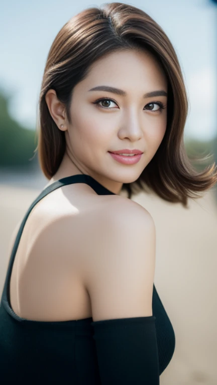 ((Angelina Sole)),((highest quality, 8K, masterpiece : 1.3)), sharp focus : 1.2, beautiful woman with perfect figure : 1.4, slim abs : 1.2, ((dark brown hair)), (Natural light, green : 1.1), Highly detailed face and skin texture, fine eyes, double eyelid、((professional makeup:1.3))、((sexy milf:1.3))、thick lips、lip gloss、eye make up、smile、hair blowing in the wind、black slim dress、