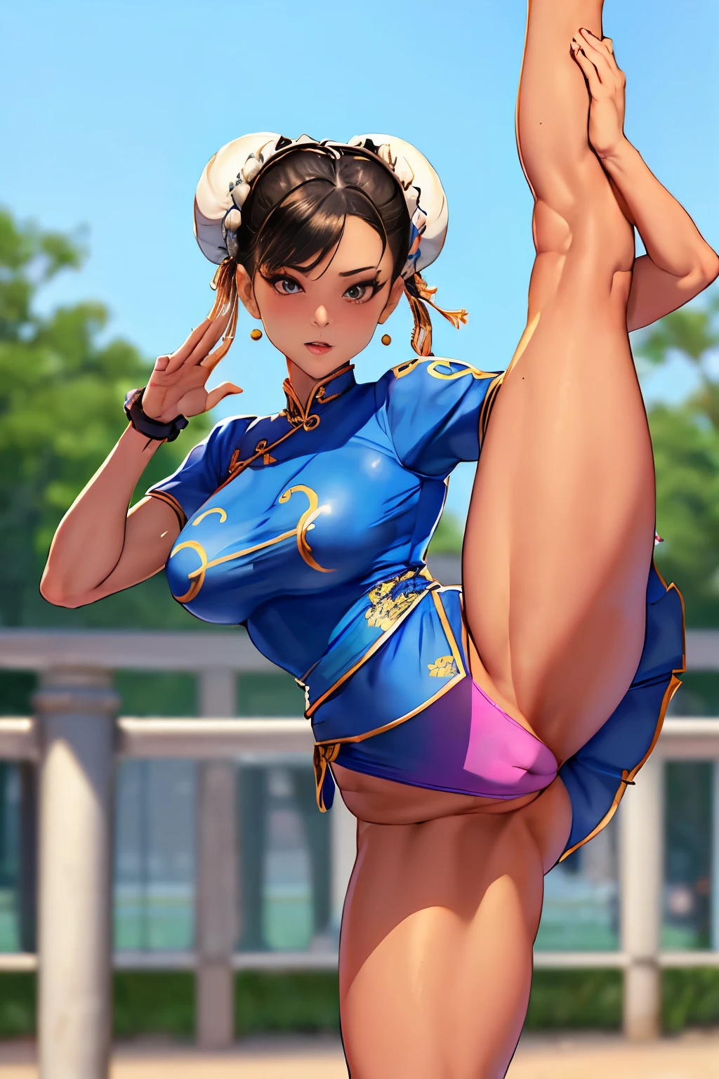 ((masterpiece,best quality)),1 girl,alone,Chunli,pink cheongsam,super mini skirt,beautiful night street background,24-years-old, clear eyes, medium breasts, Tight, 8K, whole body, environmental lighting, underboob, ring, thick thighs, fine legs, flexible, (stand on one leg:1.2), (standing split:1.3), muscular, hand lifting one leg,park background,NSFW,camel toe,erect nipples,micro panties,blush、erect clitoris