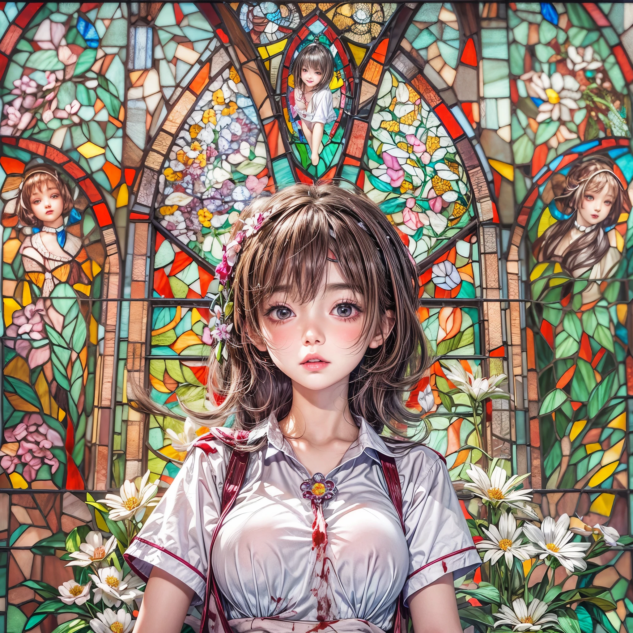 White and Red, Masterpiece, (physically-based rendering with ultra-detailed, (realistic and (photorealistic:1.37) with touch of rawness), Acutance:0.8) . A group of KAWAII girls in school uniform with opened Cleavage . (((extremely detailed KAWAII face variations)) with joyful expressions), { Navel | pretty Ass | (Overflowing underboob) | White panties with (blood seeping only in crotch area) | (full of Flowers covering girl's body) | ((Dazzling colorful stained glass with stunning elaborate details:1.2)) | A Dazzling Halo Floating above girl's head } . (Exposed:1.2), ((nipple:-0.9)), (not Detailed fingers:-0.9) .