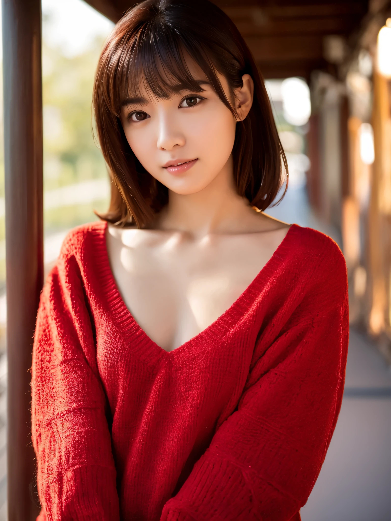 good hand,4k, high-res, masterpiece, best quality, head:1.3, (Japanese idol), finely detailed skin, sharp focus, (cinematic lighting), collarbone, morning, soft lighting, medium hair, dynamic angle, [:(detailed face:1.2):0.3], armpit crease, thigh gap, red clothes, slender, outdoors