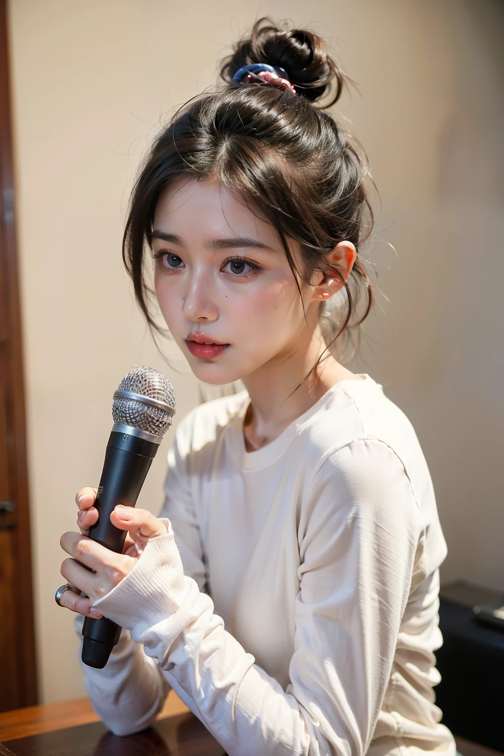 ((best quality)), ((masterpiece)), (detailed), Background in the office，Naturally shy face，Female holding a microphone and talking，long sleeve work，Hair tied up，There is a cute dog next to the girl