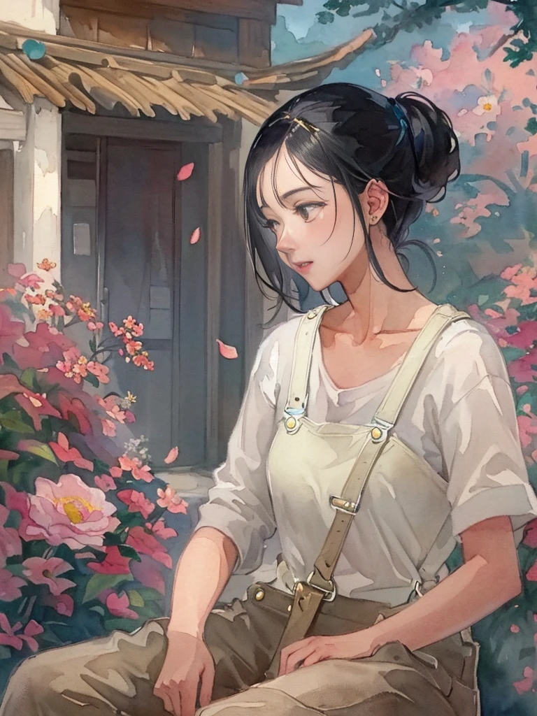 line art, Imaginative thoughts on your dream girlfriend、Warm depiction，Envisioned as a dream lover and lifelong partner。She embodies the simplicity of Chinese rural girls、Industrious，Integrated with wisdom、Beautiful and hard-working character。This artistic depiction shows her in a rural setting，Exuding sweetness、Romantic atmosphere。(( 1 girl, alone, black hair, Keep, sitting, She wears simple denim overalls and a white shirt，Playing guitar))，Reflecting her humble origins and down-to-earth character。Her facial features are gentle and beautiful，The expression is kind、Tempting。The background is a picturesque rural landscape，Rolling hills、Fields and traditional country houses，Adds a sweet rustic romantic charm。The overall style blends realism and idealized rural beauty，embodies the dreamlike、The Essence of a Cute Country Girl, (floral watercolor painting:1.5)，(Super high saturation, bright and vivid colors:1.5), (nsfw), (Look at the audience head-on:1.5)
 