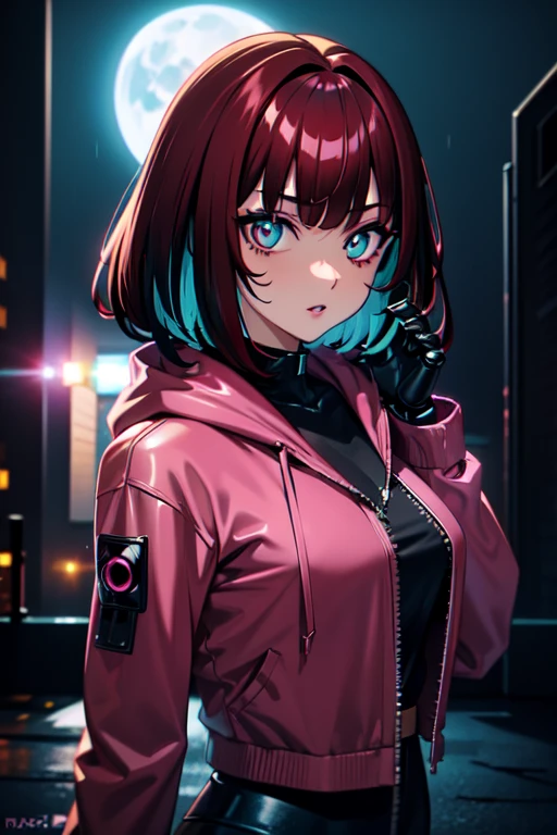 (cyberpunk\), 1girl, colored tips, full moon, (glowing teal eyes), hoodie, long sleeves, looking at viewer, short hair, multicolored hair, parted lips, brown hair with red tips, hair down, portrait, red eyeliner, solo, pink jacket, cyberpunk \(series\), rainy night in a cyberpunk city with glowing neon lights, cybernetic arms, mechanical robot hands, cyberware, metal skin