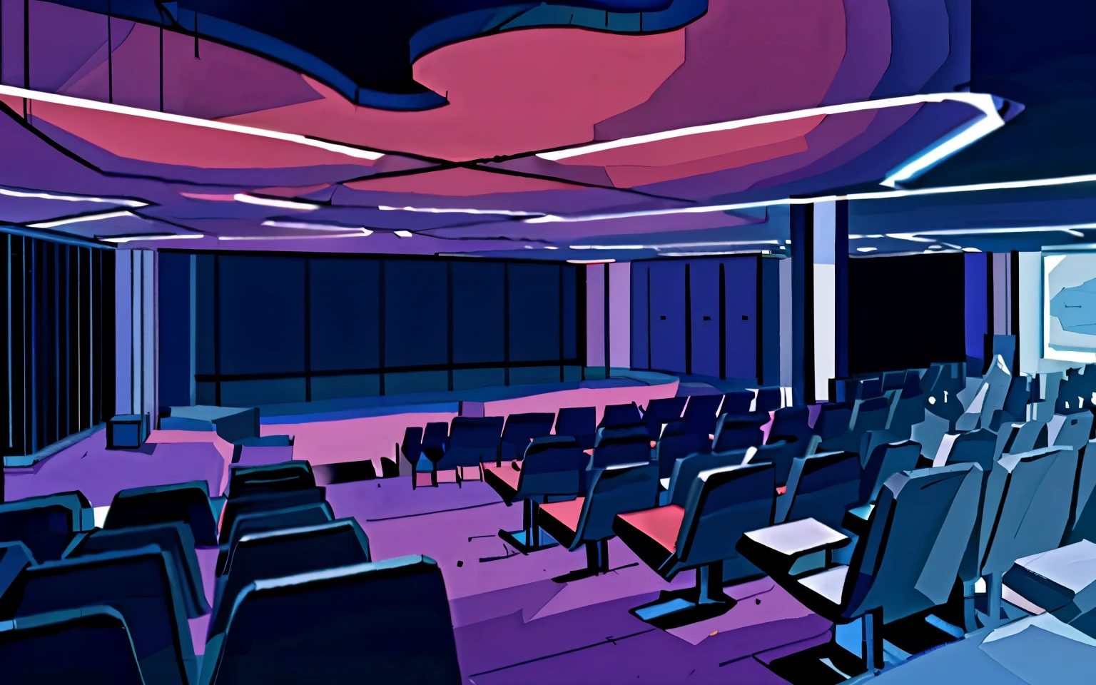 there is a room with a large screen and rows of chairs, theatre, salle de concert, digital render, rendus 3D, inspired by Aleksander Kobzdej, par Alexandre Gierymski, par Siona Shimshi, low angle dimetric rendering, par Rainer Maria Latzke, rendu final, inspired by João Artur da Silva