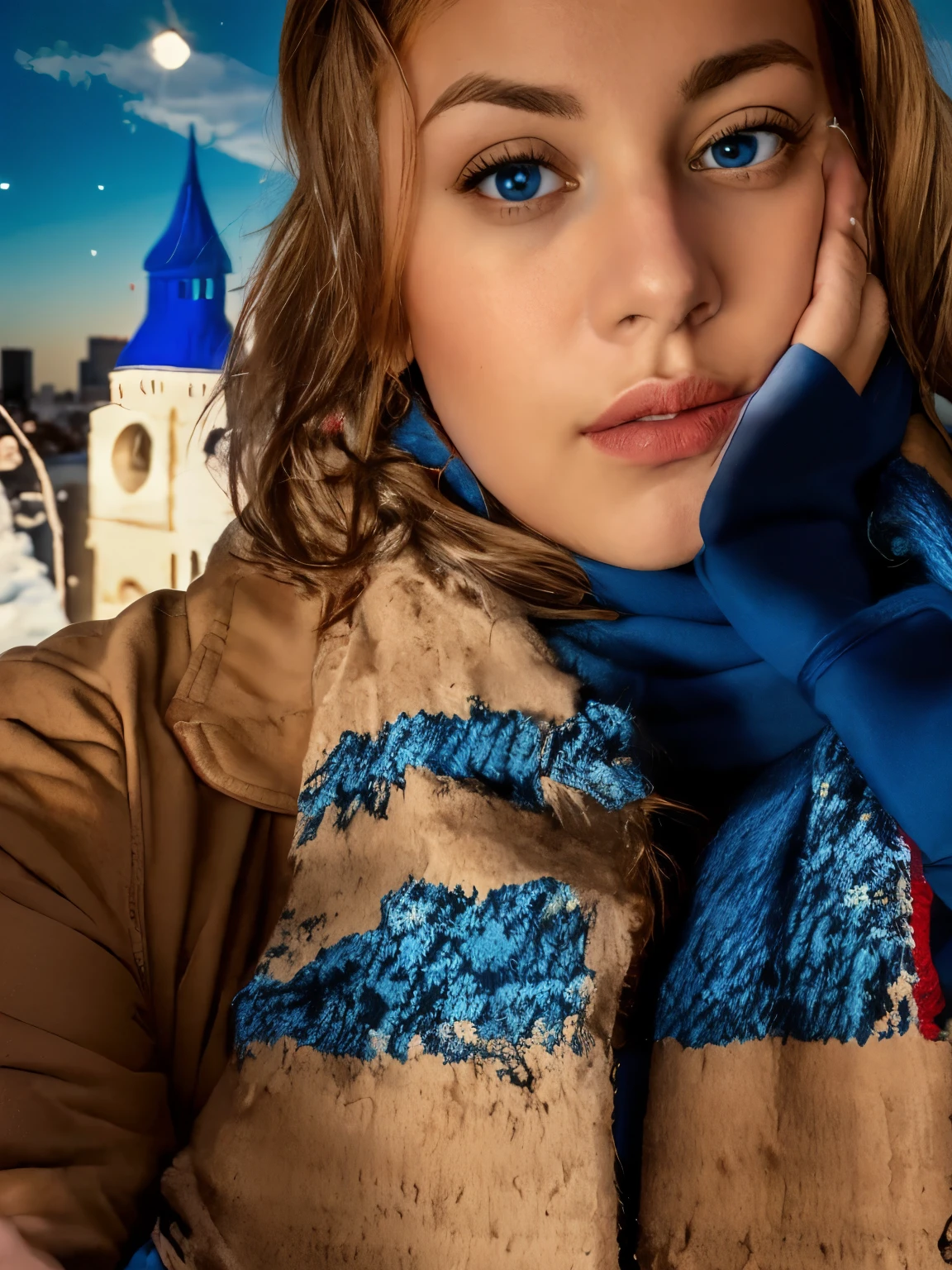 blond woman with blue and red scarf sitting in front of a wall, 🤤 girl portrait, selfie of a young woman, scarf, mid shot portrait, wearing a scarf, cold as ice! 🧊, photo portrait, blue and red tones, portait photo, half portrait, mixed art, 8k selfie photograph, with a figure in the background