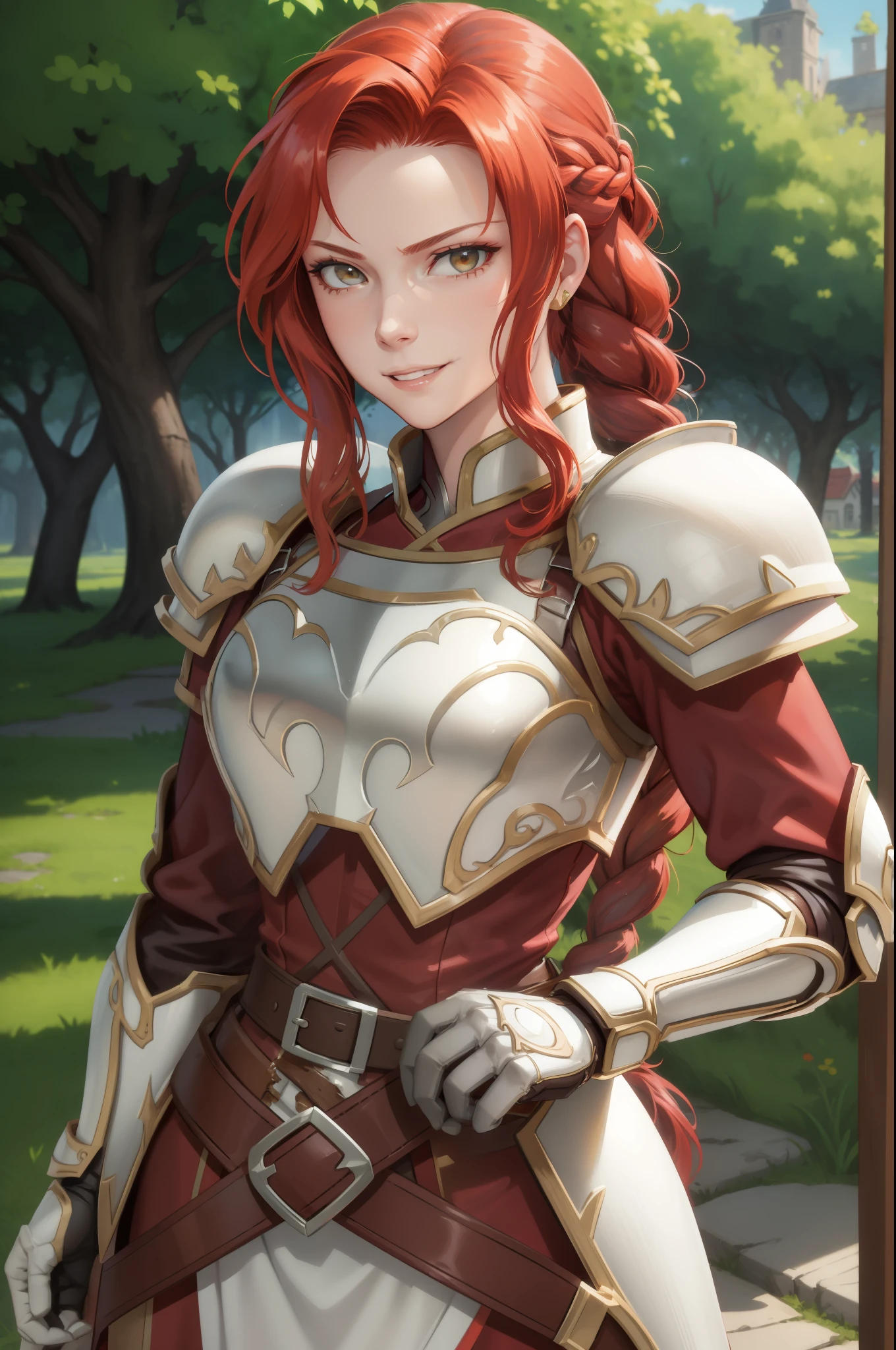 masterpiece, best quality, titania, braided ponytail, armor, red dress, belt, gauntlets, gloves, armored boots, upper body, furrowed brow, smile, forest, village, looking at viewer 