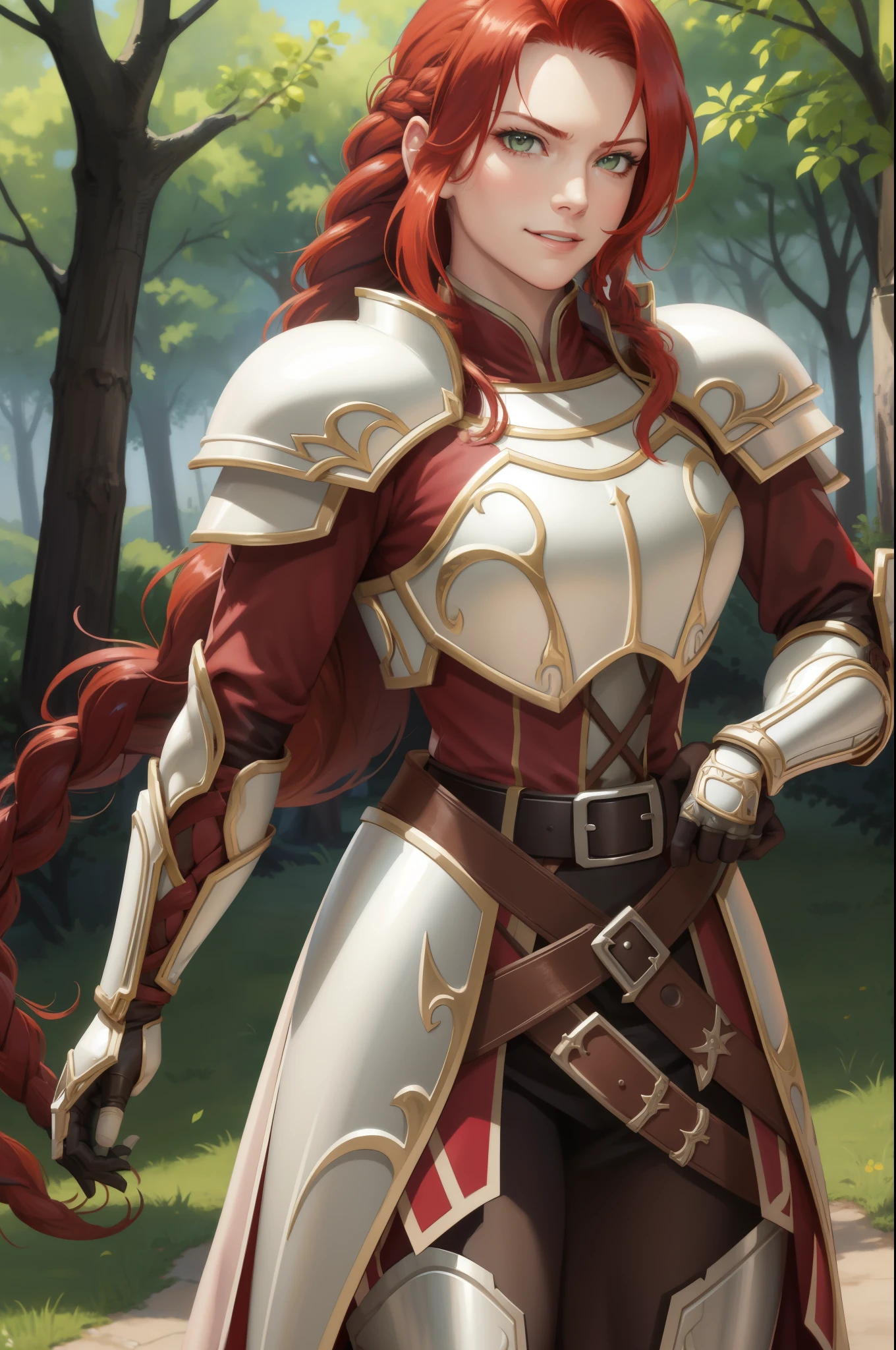 masterpiece, best quality, titania, braided ponytail, armor, red dress, belt, gauntlets, gloves, armored boots, upper body, furrowed brow, smile, forest, village, looking at viewer 